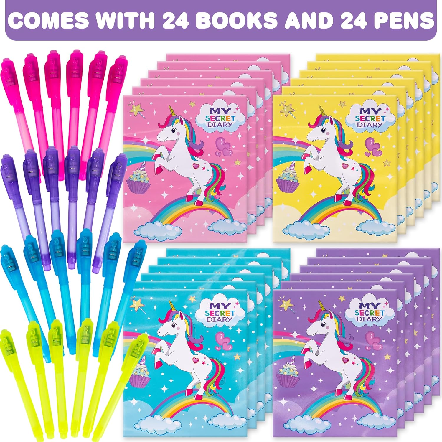 Invisible Ink Pen & Notepad Kit - 24 Sets of Unicorn Party Favor Kits - 24 UV Light Pens and 24 Secret Diary Notebooks