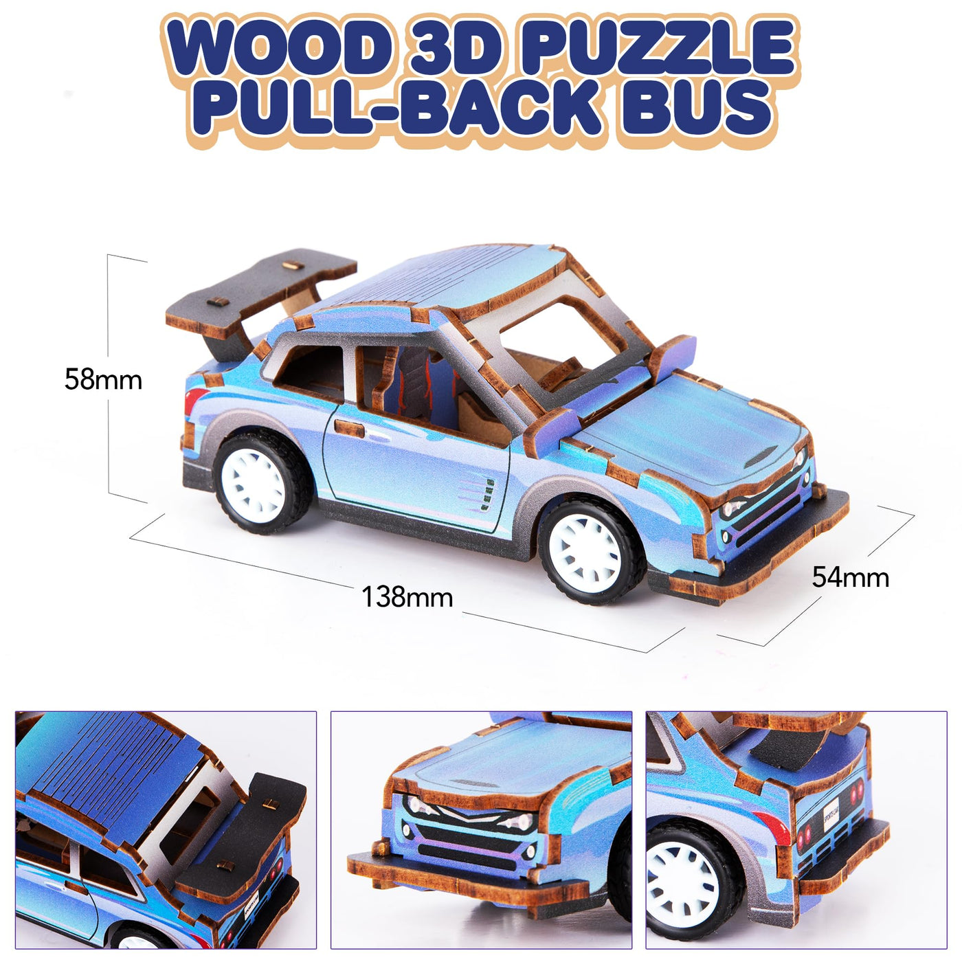 3D Puzzle Car Toy (Bus) - Wooden Car Building Kit for Kids - STEM Wood Building Kit with Pullback Mechanism - Wooden Puzzle Model Car Kit