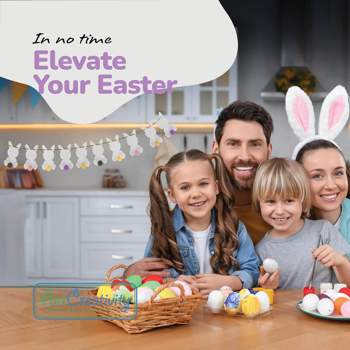 Easter Bunny Garland - Easter Decorations Set with 10 Felt Rabbits, 9 Feet of Ribbon, and Needle for Stringing - Easter Bunny Decorations for the Home