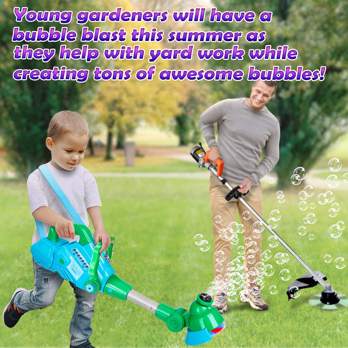 Weed Wacker Bubble Machine for Kids - Electronic Weed Eater Toy with Bubble Solution Included, Grass Trimmer Toy with Lights & Sounds