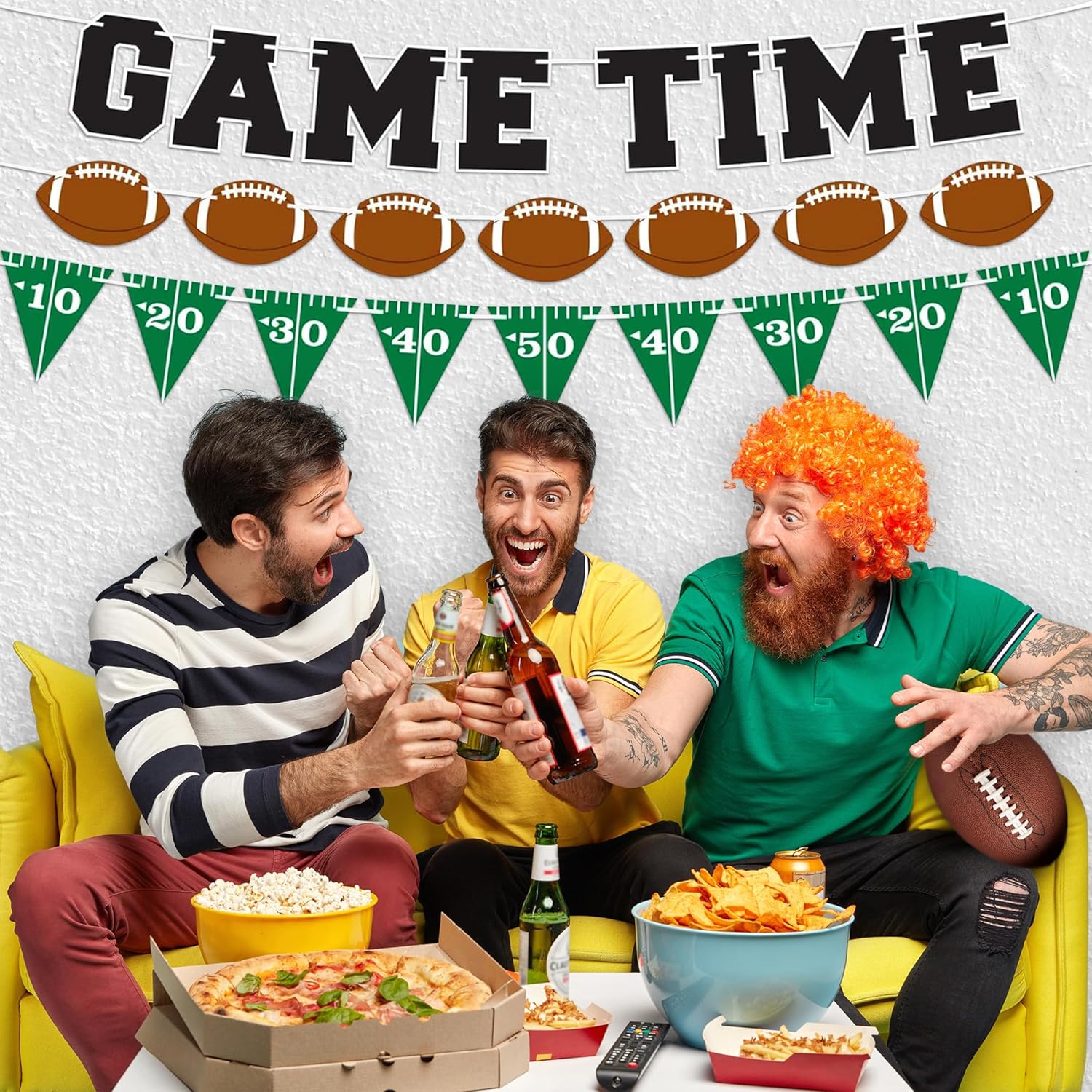 Game Time Football Banner Decoration - Set of 3 - Pre-Strung Football Theme Pennant Flags Banner for Superbowl Party Decorations