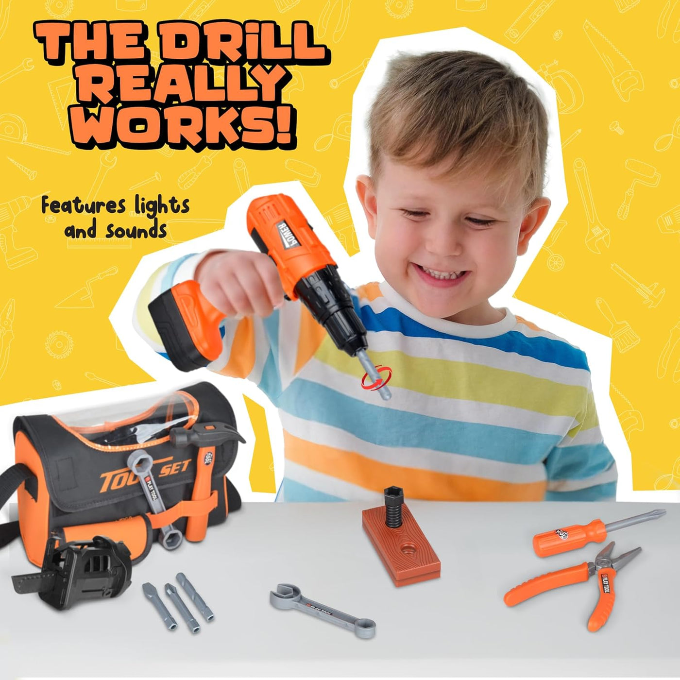 Power Drill Tool Set for Kids - Pretend Playset with 2-in-1 Toy Drill with Lights, Sounds, Motion - Includes Toy Hammer, Pliers, Bolts, Screwdriver and More - Sturdy Bag for Storage