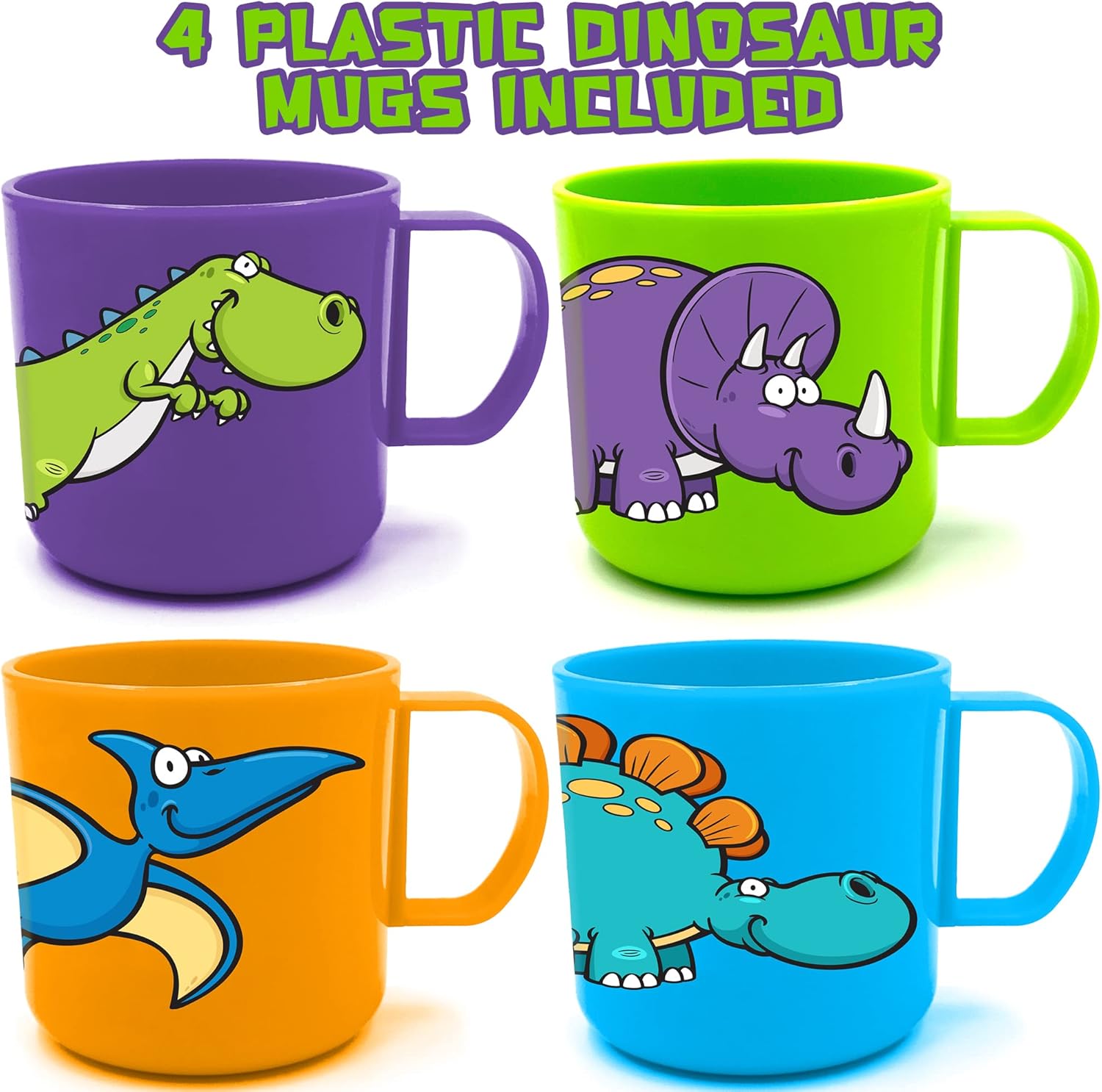 Dinosaur Mugs for Kids, Plastic Dino Cups, Set of 4 - Assorted Colors & Designs