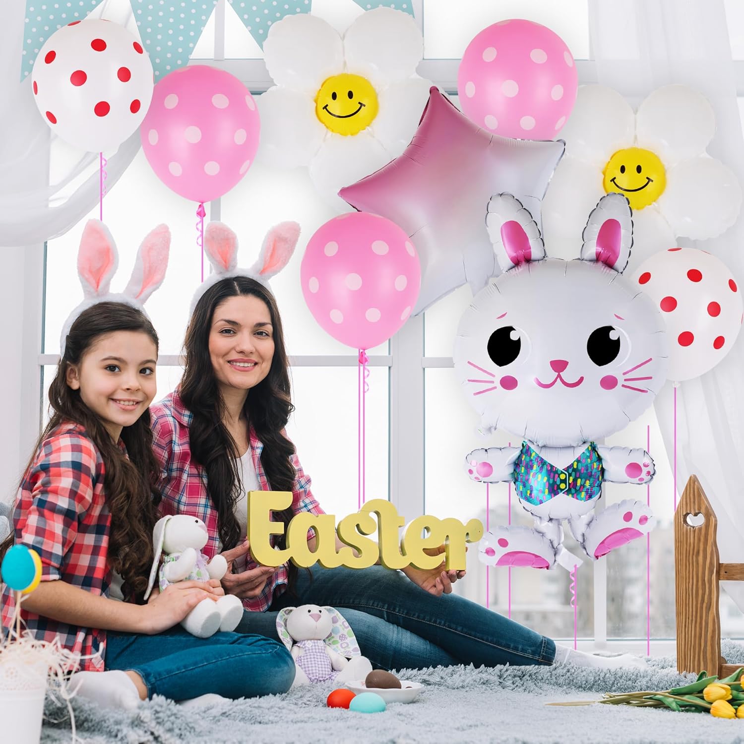 Easter Balloon Set - 8 Pieces - Easter Decorations with Bunny, Daisy, Star, and Polka Dot Designs - Cute Party Supplies - Easy to Inflate Bunny Balloon Kit