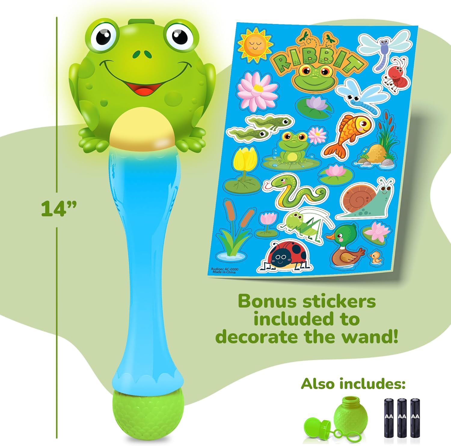 Frog Bubble Wand - Handcrafted Frog Toys with Bubbles Refill Solution, Stickers, Music & Lights - Kids Summer Outdoor Activity