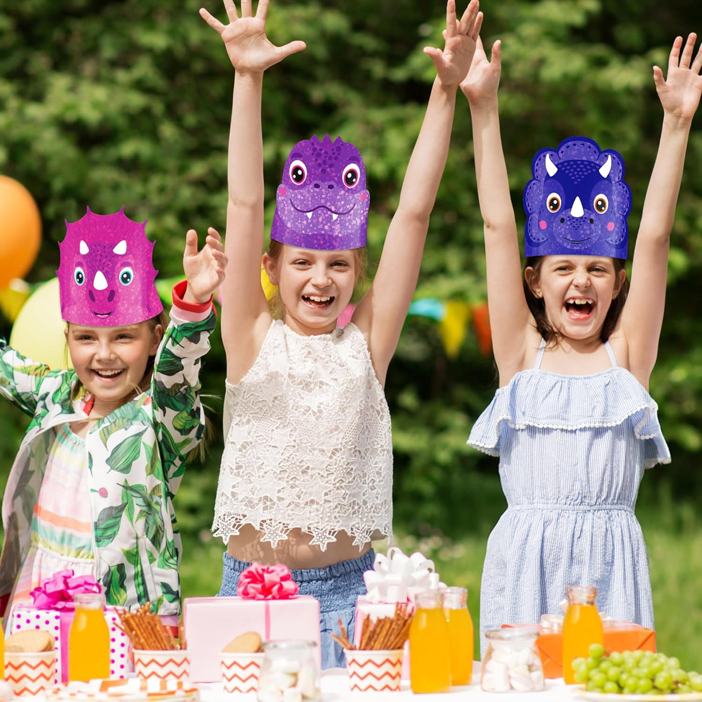 Dinosaur Party Hats - 24 Ct - Sturdy Paper Dino Party Hats in 6 Colorful Designs - Stretchy Strings for a Comfy Fit - Fun Dinosaur Party Favors & Supplies