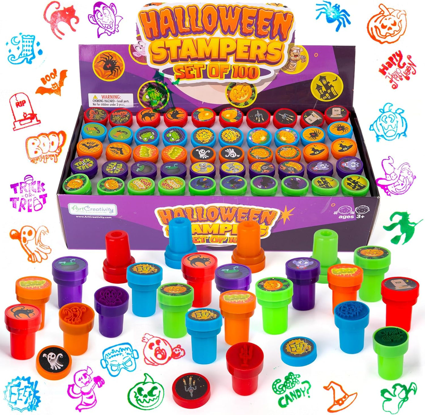 Bulk Halloween Stampers for Kids - Set of 100 Halloween Stamps - Assorted Trick or Treat Stamper Designs for Halloween