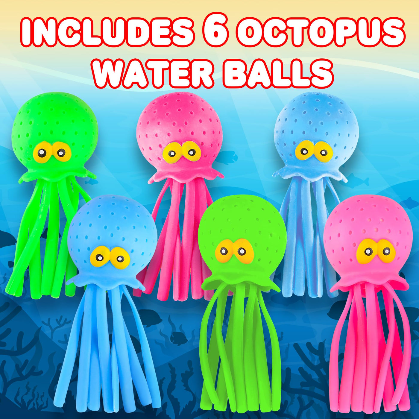 Octopus Water Balls, Set of 6, Rubber Kids’ Bath Toys, Sensory Stress Relief Pool Toys for Kids