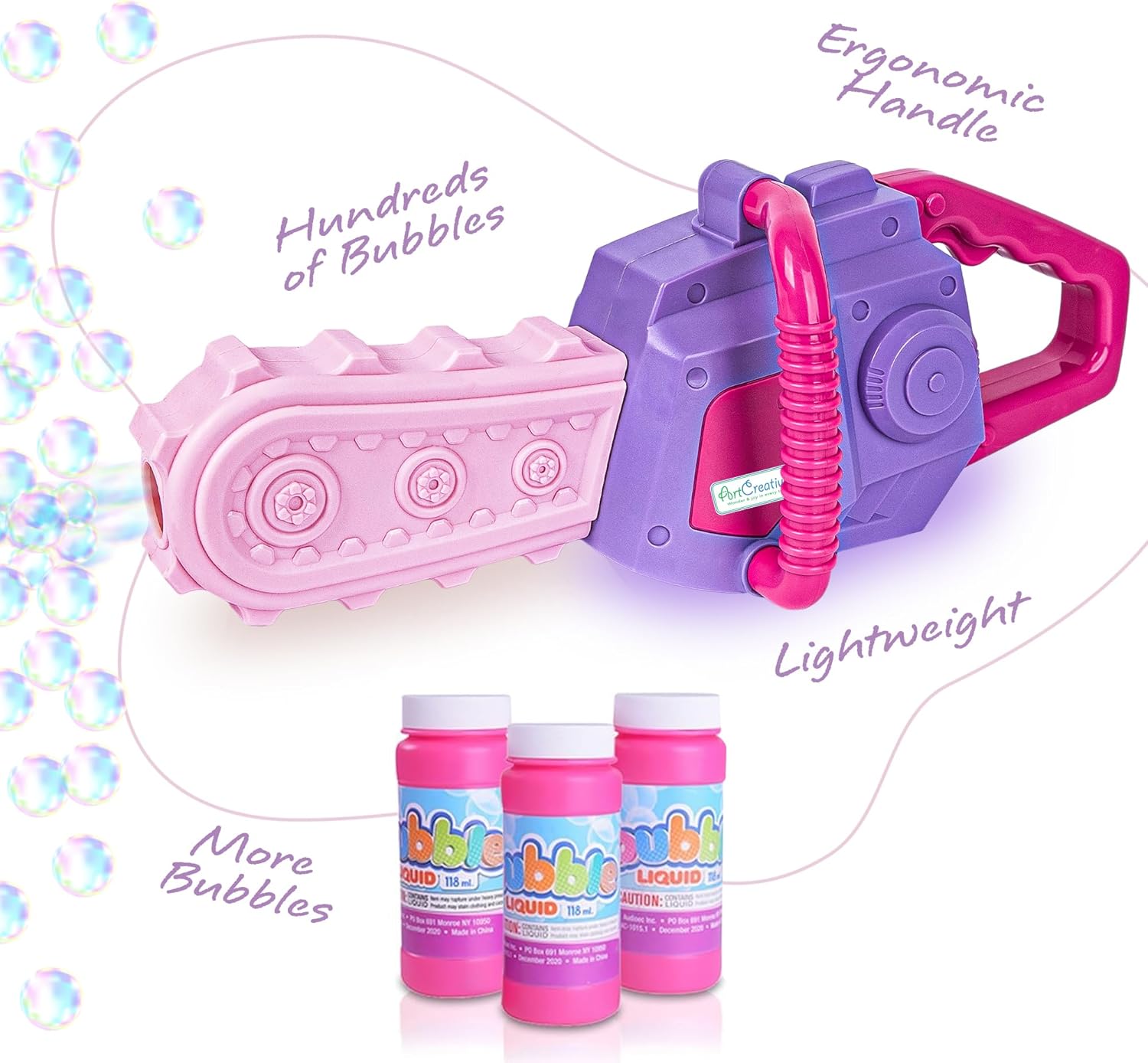 Bubble Chainsaw for Kids, Electronic Bubble Blower Machine with Bubble Solution Included, Bubble Machine with Realistic Sound, Outdoor Pretend Play Landscaping Toy for Kids Pink & Purple