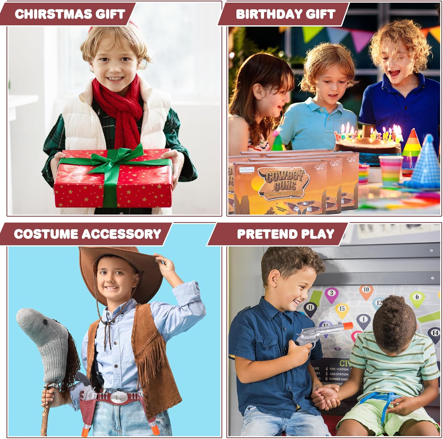 Cowboy Gun Belt and Holster - Cowboy Holster Set Includes 2 Toy Guns with Sound, Toy Gun Holster, Brown Western Belt, and 6 Fake Bullets