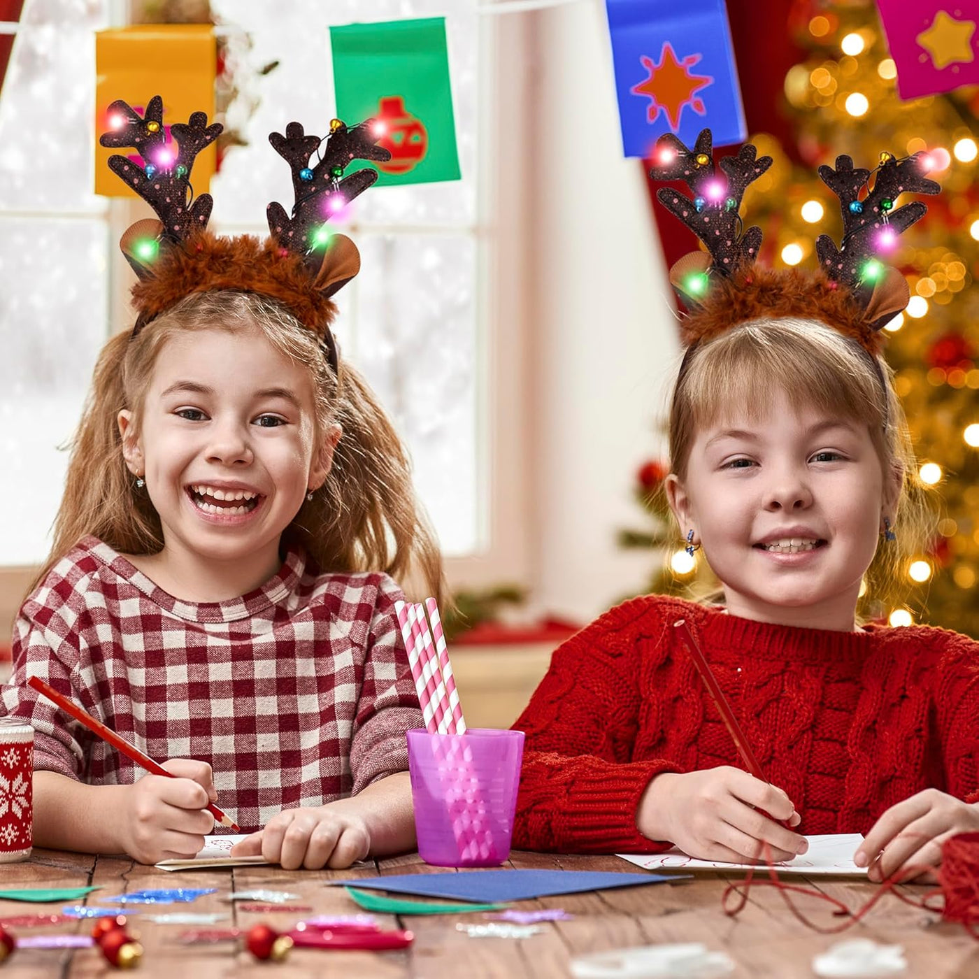 Light Up Christmas Reindeer Headbands - Set of 2 - Christmas Reindeer Antlers Headband Set - Reindeer Ears Headbands with LED Lights and Jingling Bells