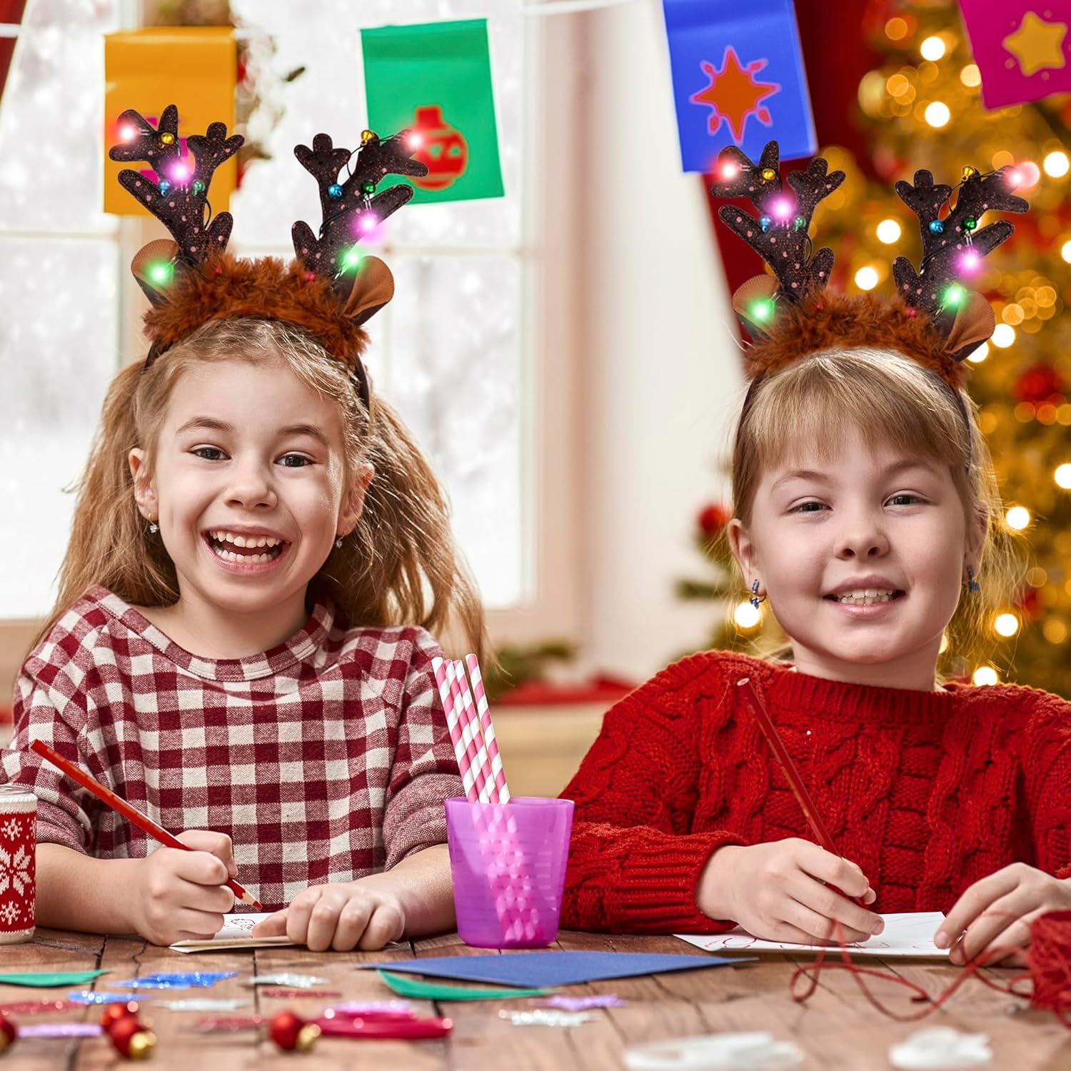 Light Up Christmas Reindeer Headbands - Set of 2 - Christmas Reindeer Antlers Headband Set - Reindeer Ears Headbands with LED Lights and Jingling Bells