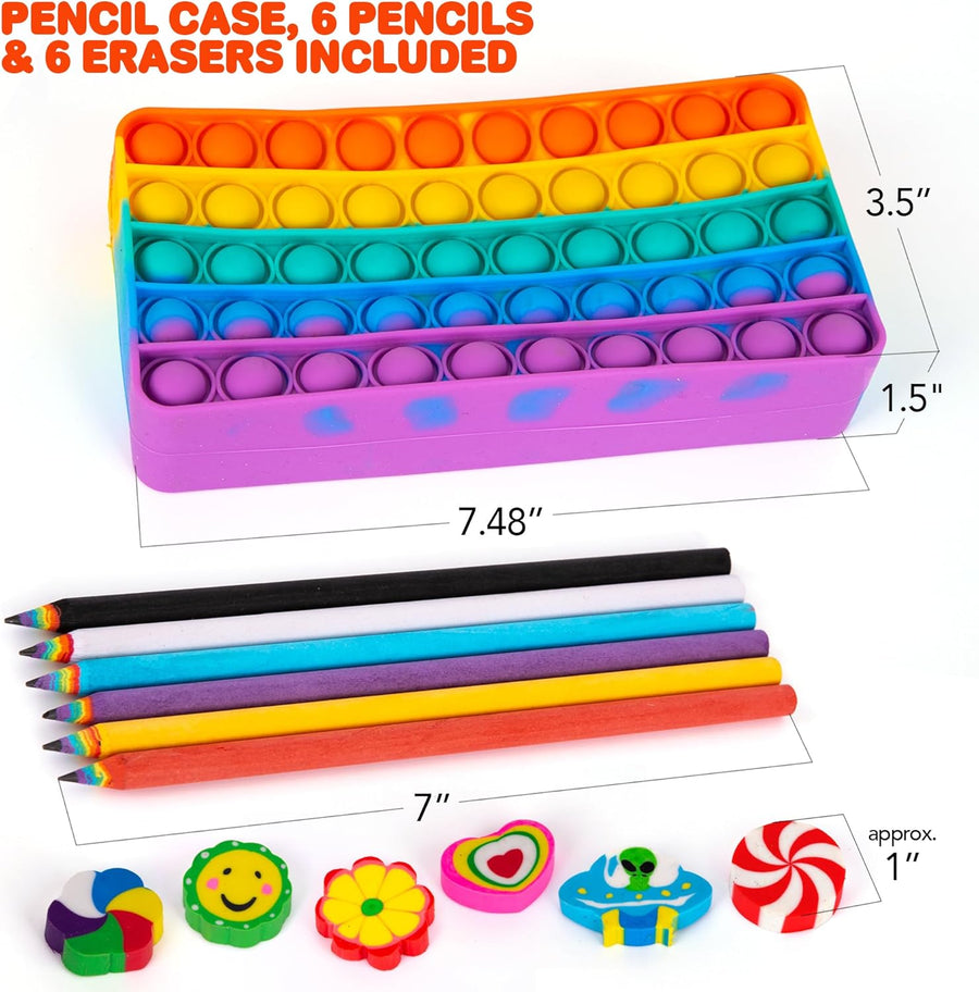 Pop It Pencil Case for Kids - Silicone Pop Up Pencil Case with 6 Colorful Pencils and 6 Erasers for Kids