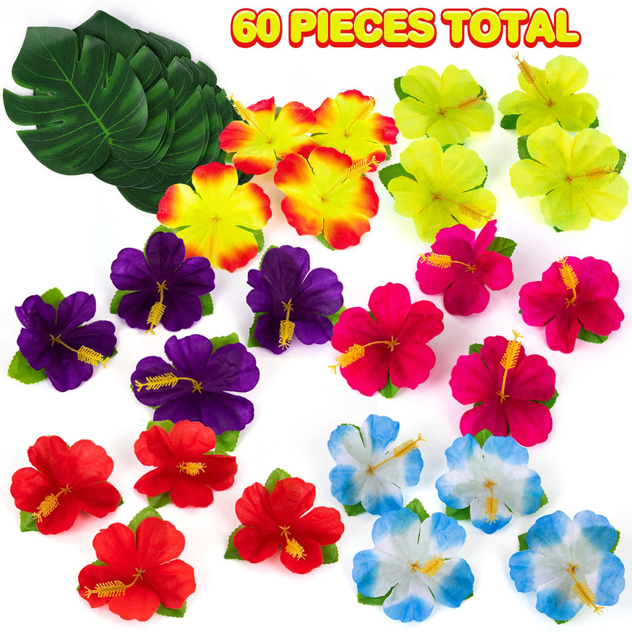 Hawaiian Flower Luau Decorations - 60-PC Set with 36 Palm Leaves and 24 Artificial Hibiscus Flowers