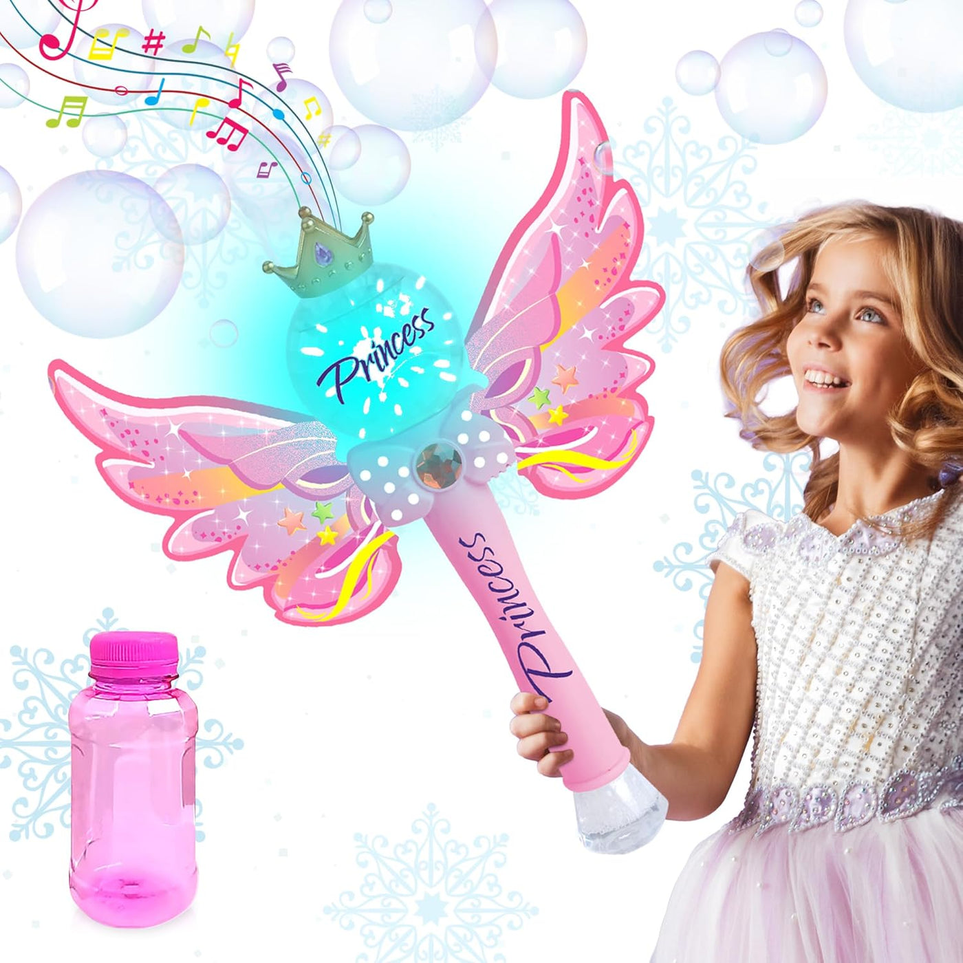 Light Up Magic Princess Bubble Blower Wand, 14" Illuminating Bubble Blower Wand with Thrilling LED & Sound Effect, Bubble Fluid Included, Great Gift Idea, Party Favor for Kids