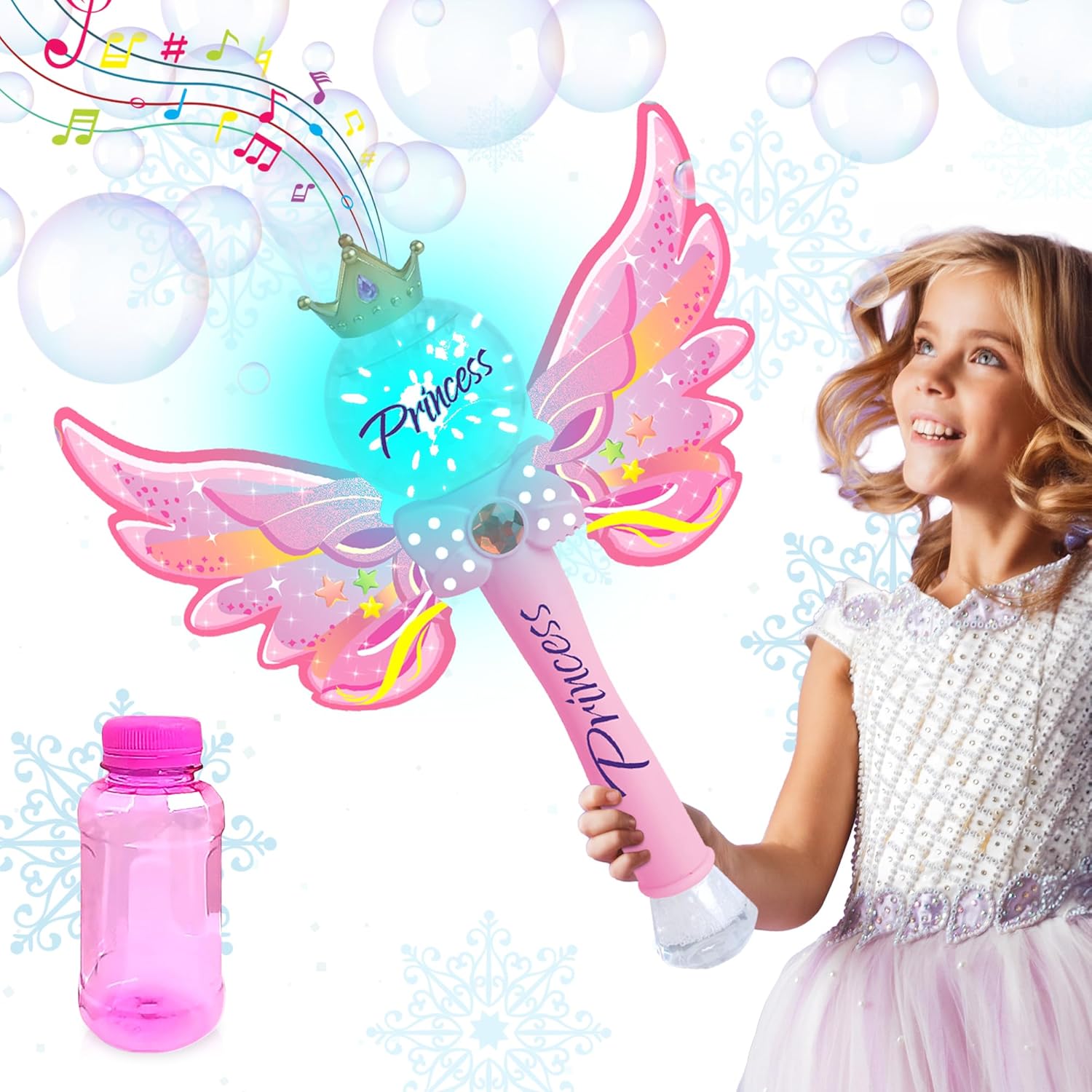 Light Up Magic Princess Bubble Blower Wand, 14" Illuminating Bubble Blower Wand with Thrilling LED & Sound Effect, Bubble Fluid Included, Great Gift Idea, Party Favor for Kids