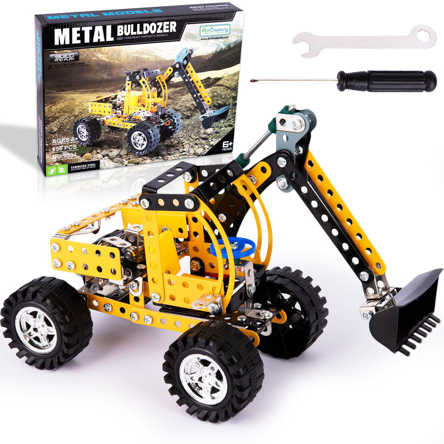 Metal Excavator Toy Building Kit - 256 PCS - STEM Metal Building Kit for Kids - Large Metal Construction Toy with Moving Wheels and Arm