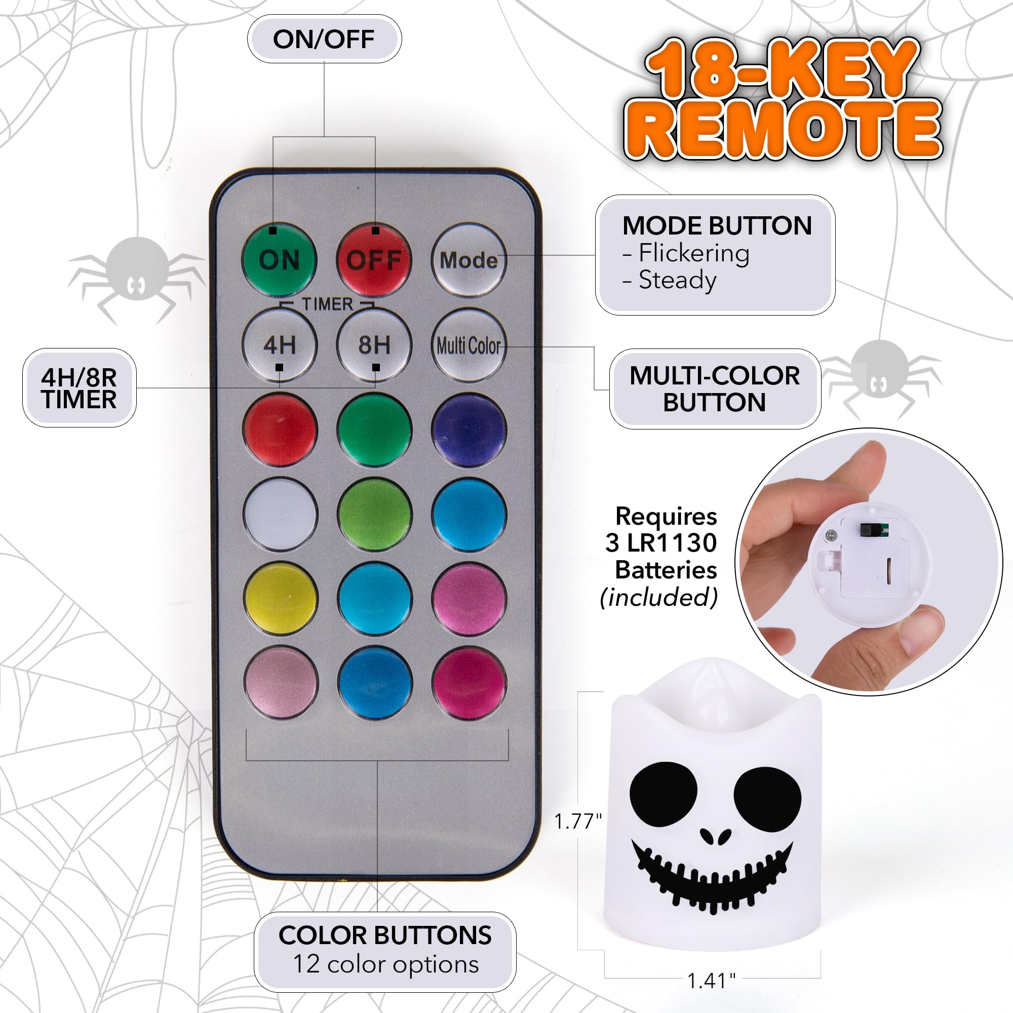 Flameless Halloween LED Candles - Set of 6 Halloween Flameless Candles - Battery Operated Halloween LED Votive Candles with Remote, Timer, and 12 Colors
