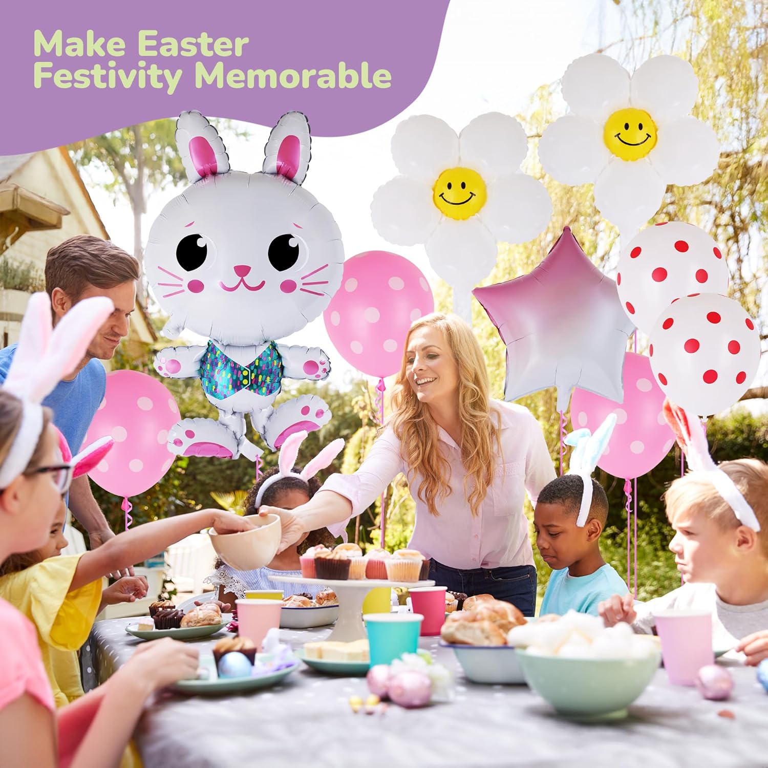 Easter Balloon Set - 8 Pieces - Easter Decorations with Bunny, Daisy, Star, and Polka Dot Designs - Cute Party Supplies - Easy to Inflate Bunny Balloon Kit