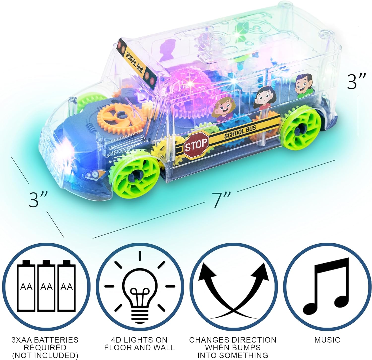 Light Up School Bus Toy for Toddlers - Bump and Go School Toy Bus with Colorful Spinning Gears, LED Lights, and Music