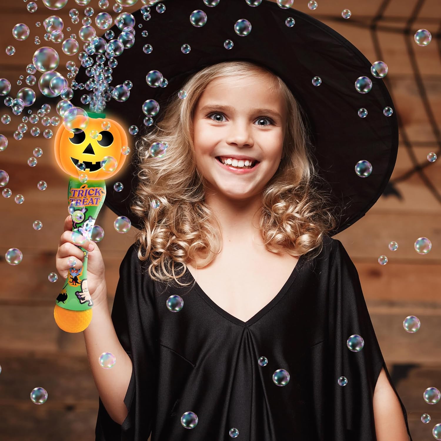 Halloween Bubble Wand for Kids, 14" Light Up Pumpkin Bubble Wand