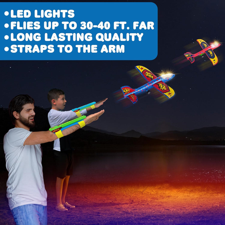 Foam Airplane Launcher Toy - 2 Glider Planes and 2 Arm Launchers - Flying Airplane Shooter Toys for Kids with Motion Activated Lights and Stickers