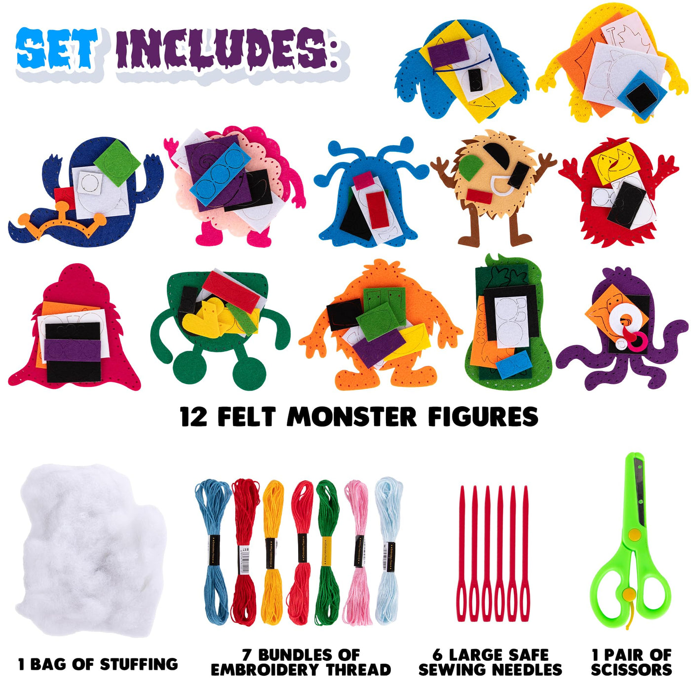 Halloween Monster Craft Sewing Kit for Kids - Sewing Craft Kit with 12 Monster Characters, 6 Child-Friendly Needles, 7 Thread Bundles, 1 Bag of Stuffing, and Scissors