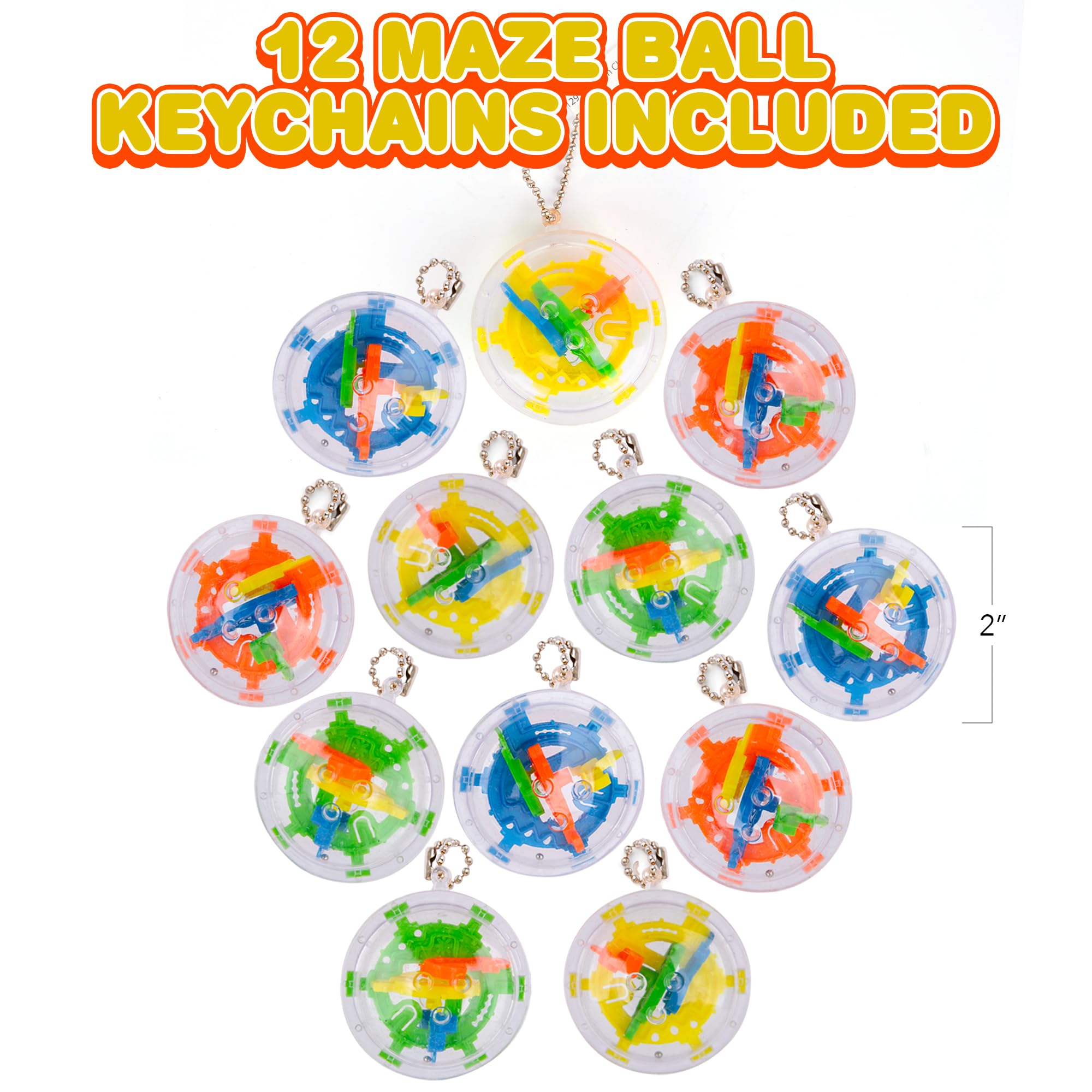 3D Maze Ball Keychains for Kids - Set of 12 Maze Puzzle Brain Teaser Party Favors - Fidget-Friendly Keychain Charms in Colorful Designs