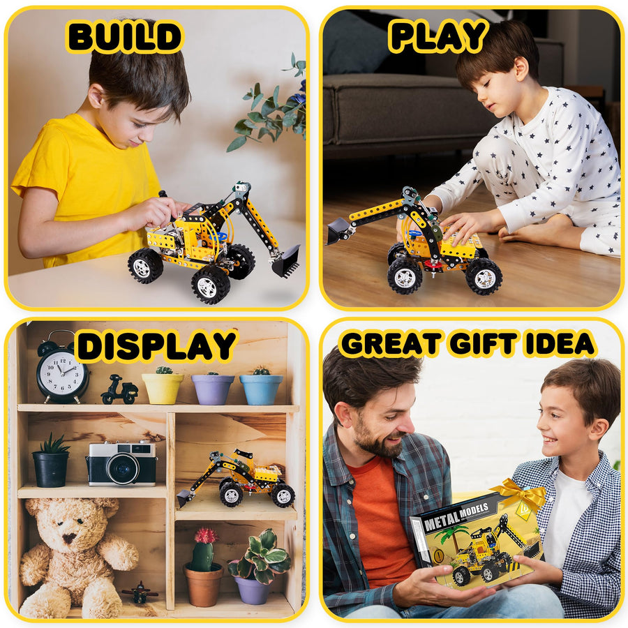Metal Excavator Toy Building Kit - 256 PCS - STEM Metal Building Kit for Kids - Large Metal Construction Toy with Moving Wheels and Arm