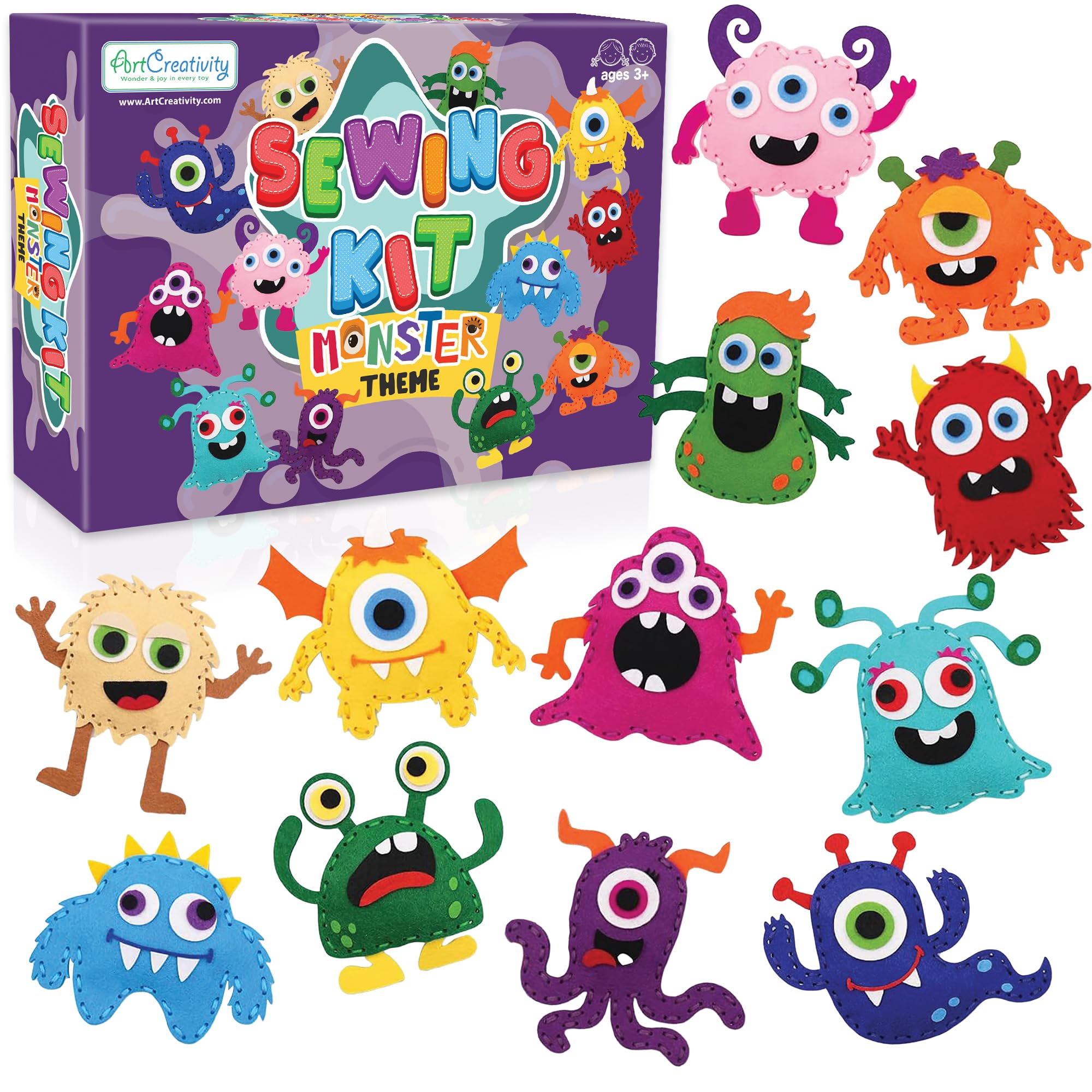 Halloween Monster Craft Sewing Kit for Kids - Sewing Craft Kit with 12 Monster Characters, 6 Child-Friendly Needles, 7 Thread Bundles, 1 Bag of Stuffing, and Scissors