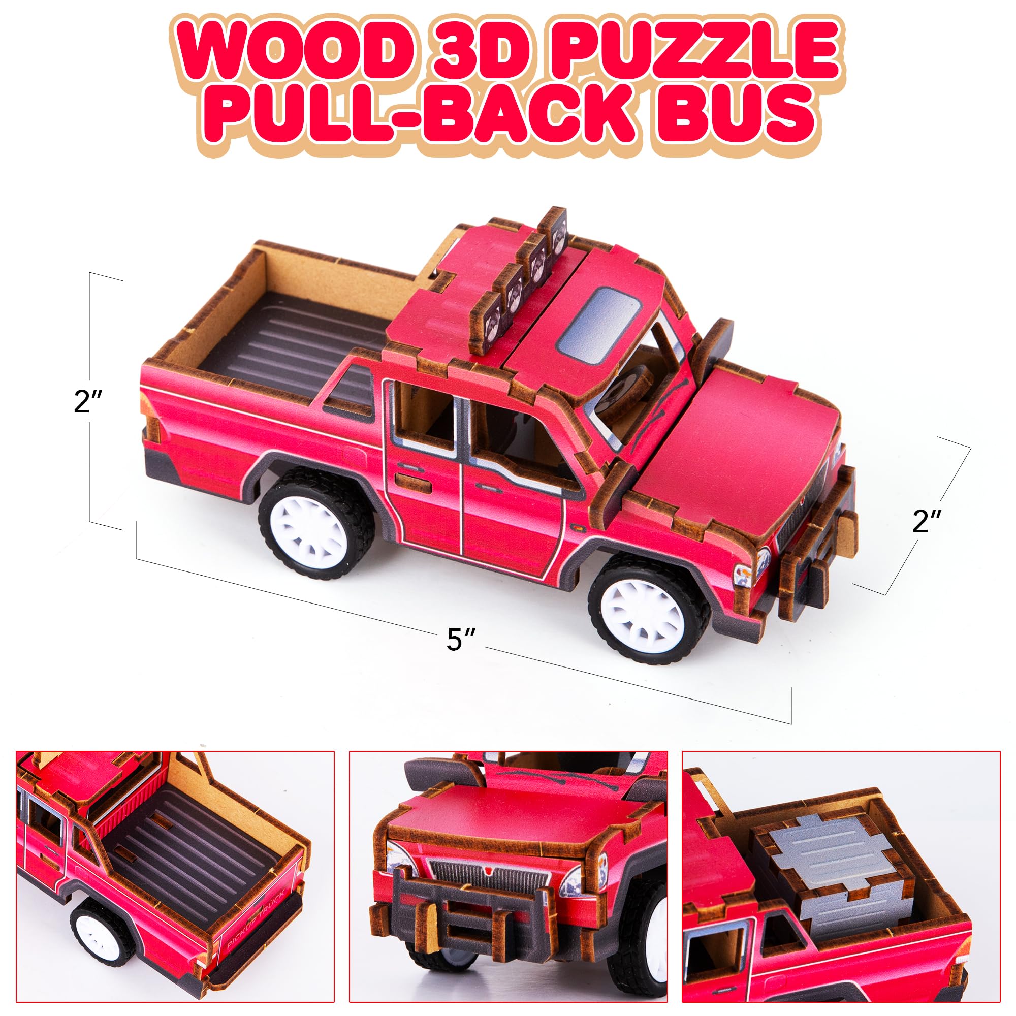 3D Puzzle Car Toy (Bus) - Wooden Car Building Kit for Kids - STEM Wood Building Kit with Pullback Mechanism - Wooden Puzzle Model Car Kit