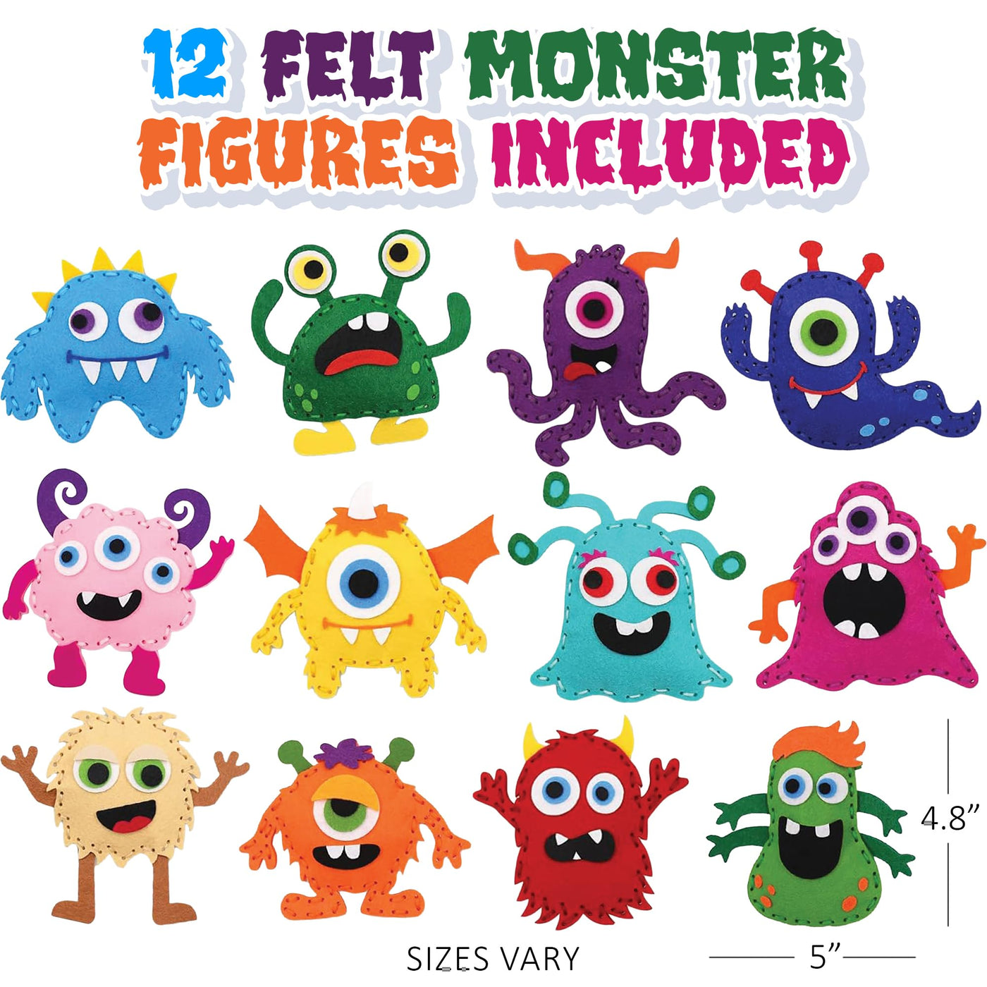 Halloween Monster Craft Sewing Kit for Kids - Sewing Craft Kit with 12 Monster Characters, 6 Child-Friendly Needles, 7 Thread Bundles, 1 Bag of Stuffing, and Scissors