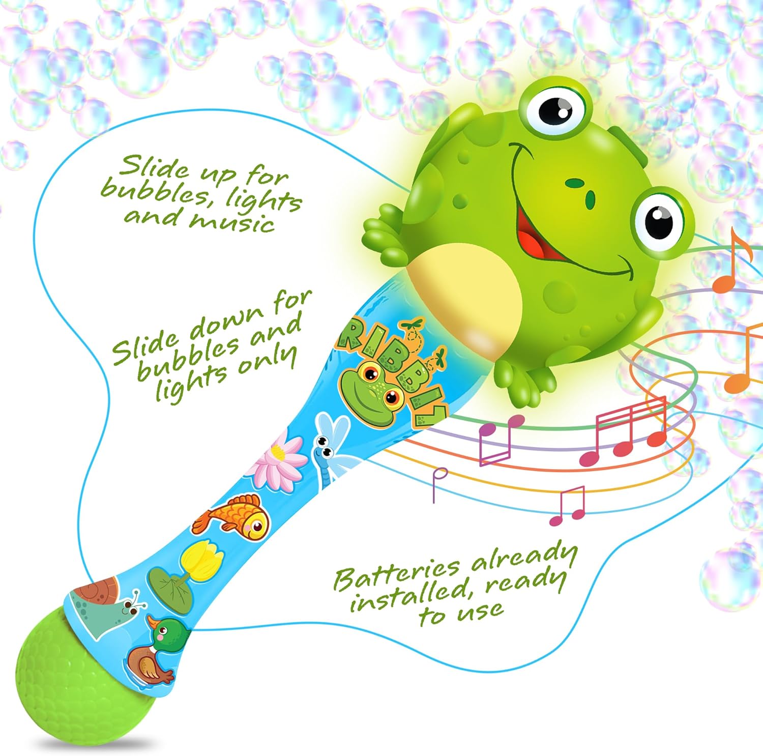 Frog Bubble Wand - Handcrafted Frog Toys with Bubbles Refill Solution, Stickers, Music & Lights - Kids Summer Outdoor Activity