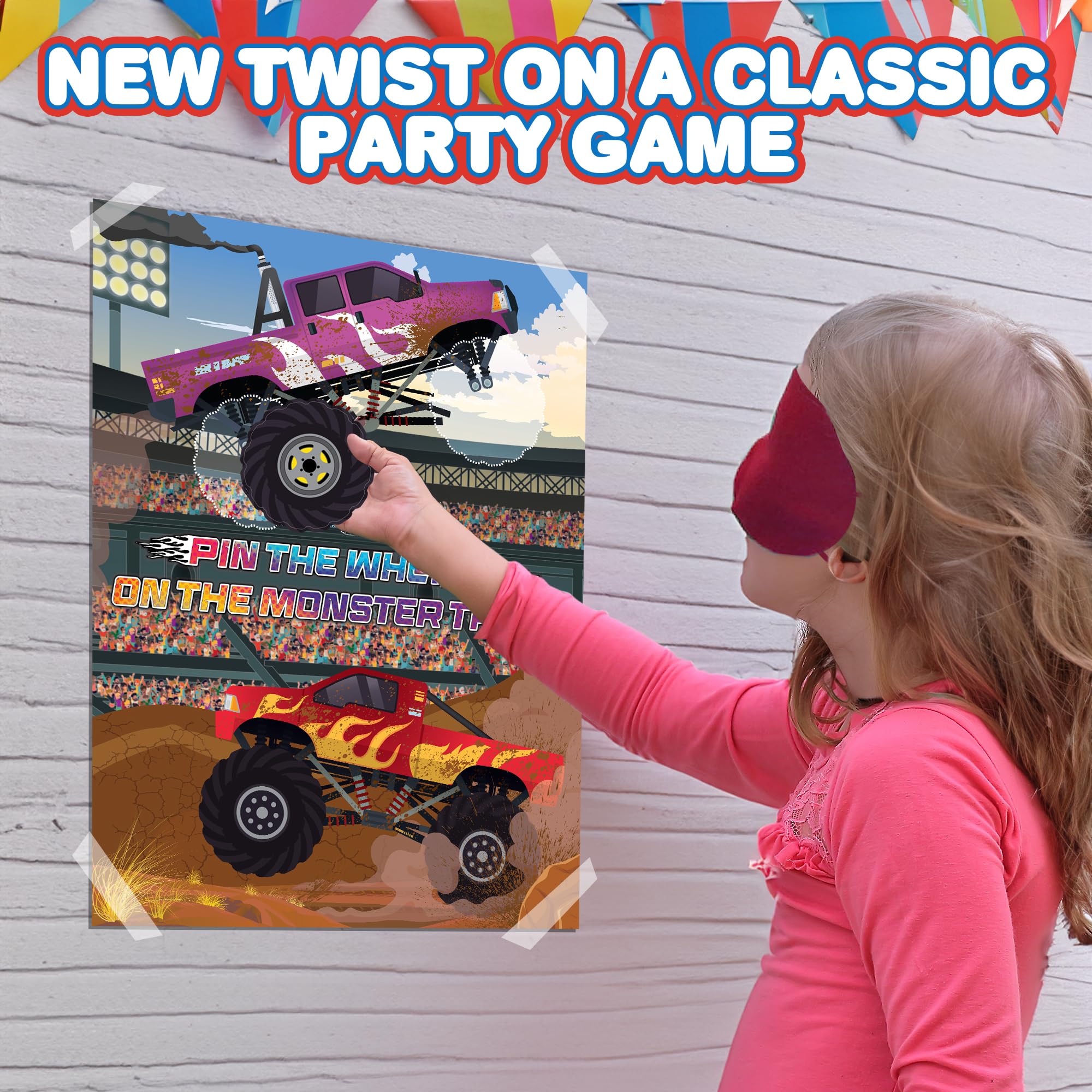 Pin The Wheels on The Monster Truck - Monster Truck Game for Kids with 1 Poster, 36 Stickers, and 1 Blindfold