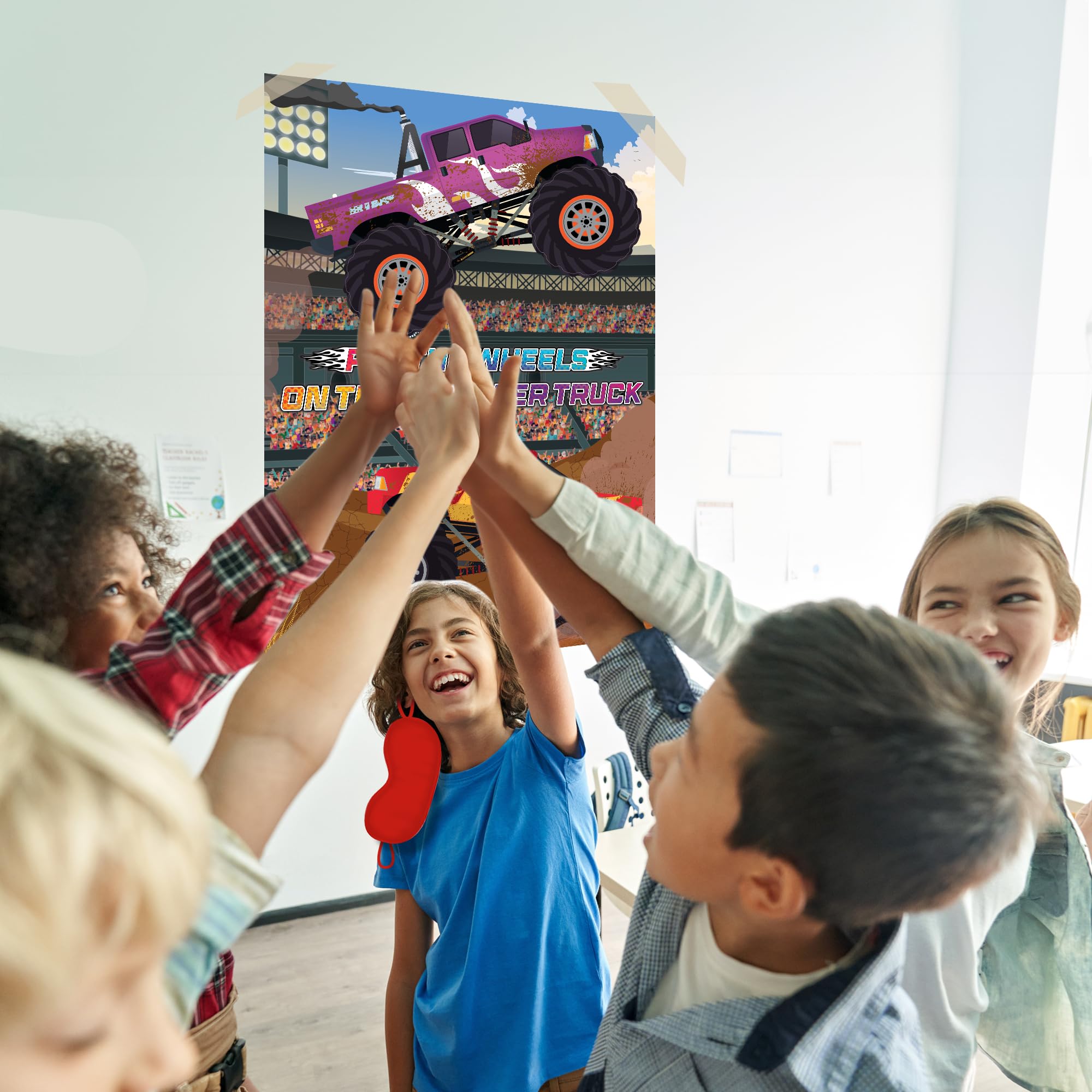 Pin The Wheels on The Monster Truck - Monster Truck Game for Kids with 1 Poster, 36 Stickers, and 1 Blindfold