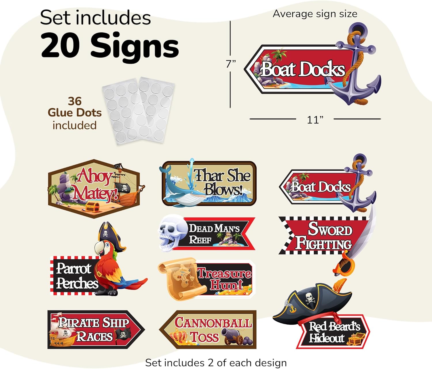 Pirate Signs - 20 Pack - Pirate Theme Party Decor Supplies - Funny Pirate Skull Decorations & Directional Signs