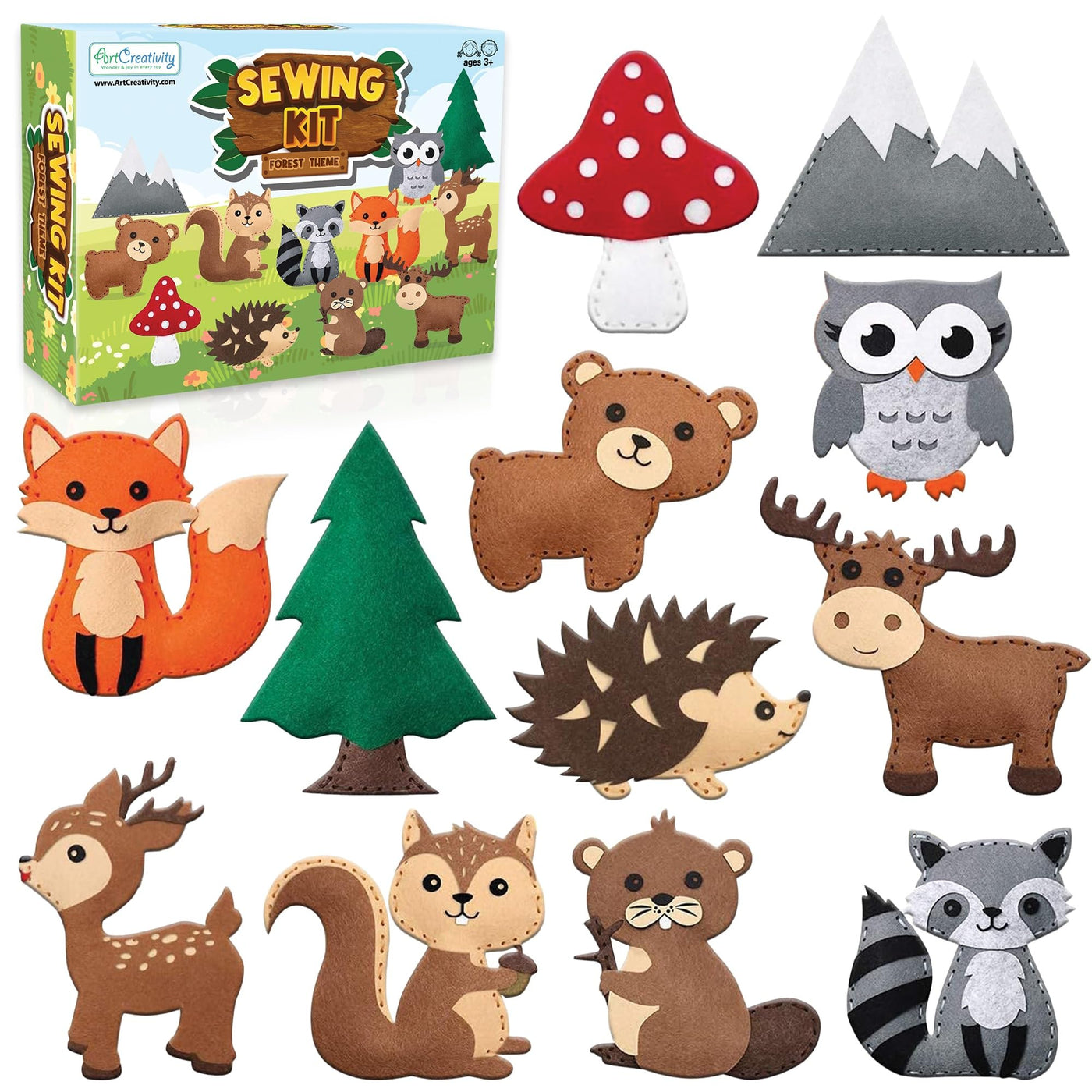 Woodland Animal Felt Sewing Kit for Kids - Stuffed Animal Sewing Craft Kit with 12 Characters, 6 Child-Friendly Needles, 7 Thread Bundles, 1 Bag of Stuffing, and Scissors