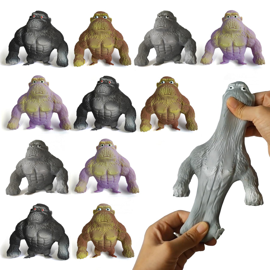 12 PK Full-Size Stretchy Gorilla Toys - Squishy Gorilla Fidget Toys in 4 Colors - Arms Extend Up to 3 Feet - Unique Sandy Feel - Fidget Party Favors - Jungle Party Supplies