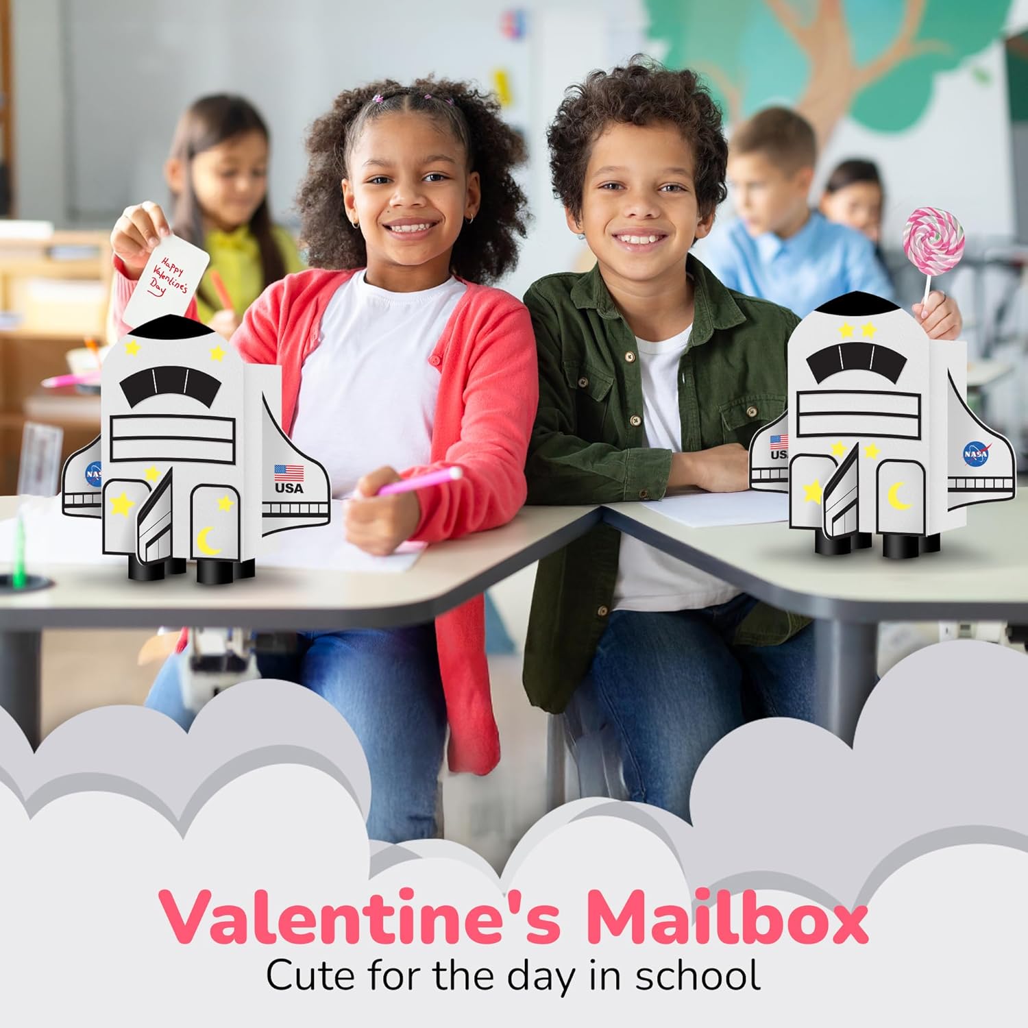 Valentines Mailbox Kit - Make Your Own Valentines Box Kit for Girls & Boys - Includes Box, Double-Sided Tape, and 18 Decorative Foam Pieces