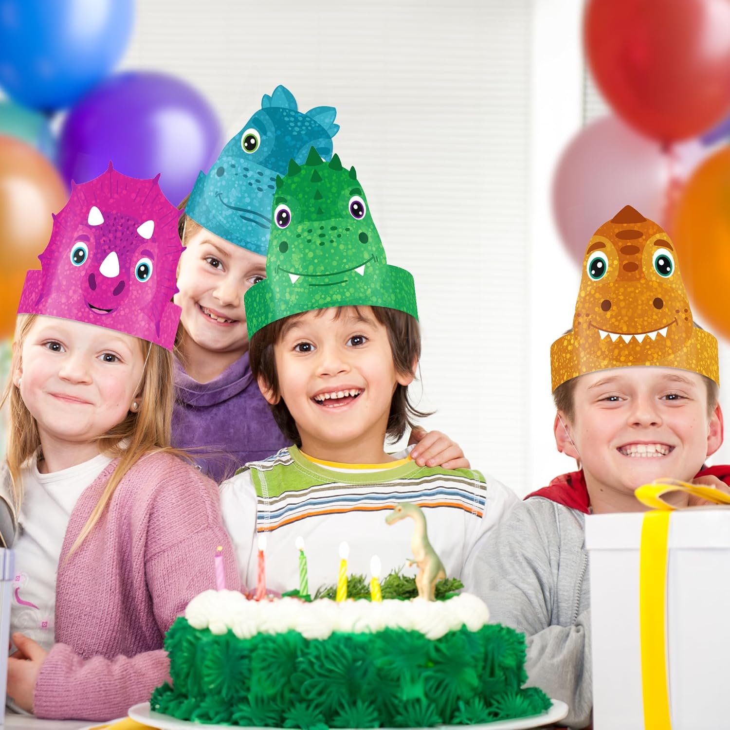 Dinosaur Party Hats - 24 Ct - Sturdy Paper Dino Party Hats in 6 Colorful Designs - Stretchy Strings for a Comfy Fit - Fun Dinosaur Party Favors & Supplies