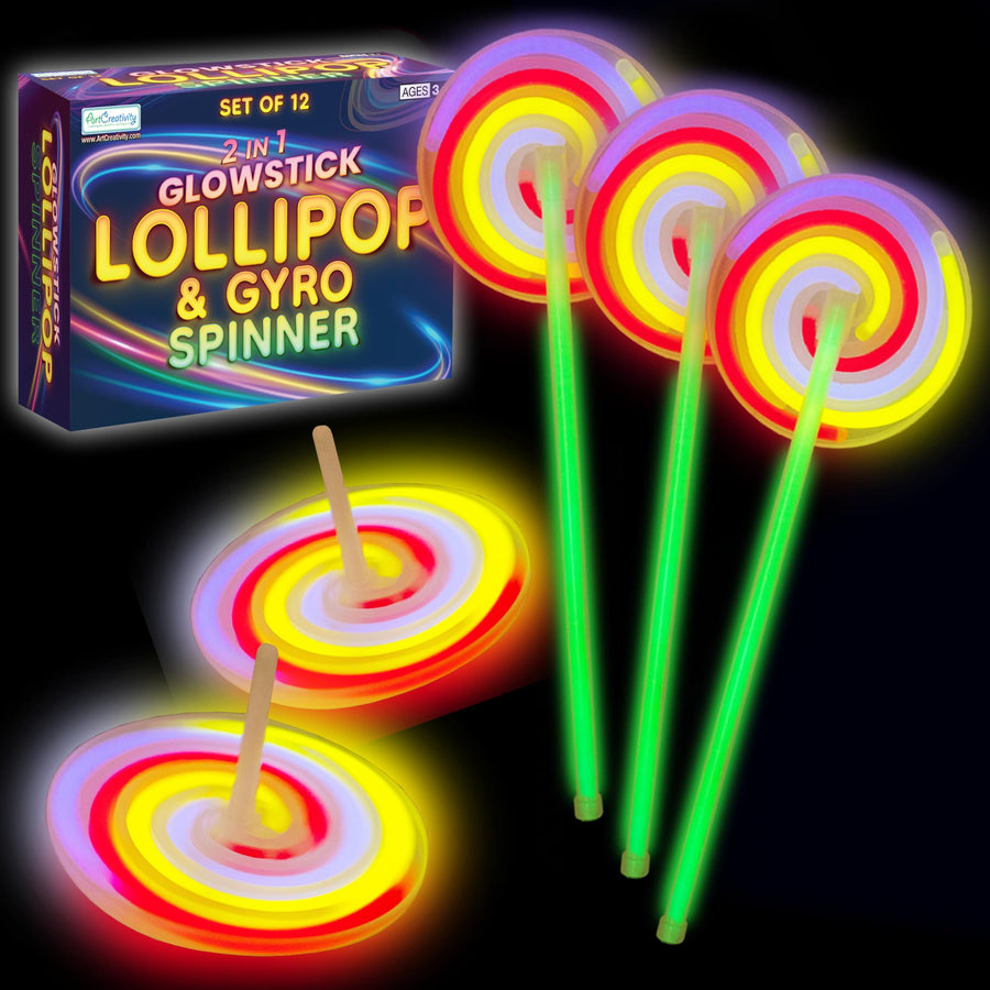 Kids Glow Stick Lollipop Spinner Wands - Set of 12 Light Up Spinning Toys - Glow Stick Wands That Double as Gyro Top Spinners