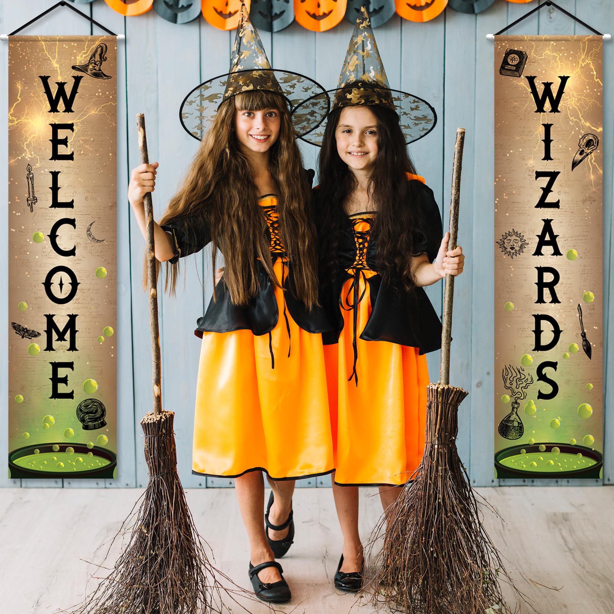 Welcome Wizards Door Banner - 2 Pieces - 4 Feet Long Wizard Banner - Polyester Magic Party Banners with Dowels and String for Easy Hanging
