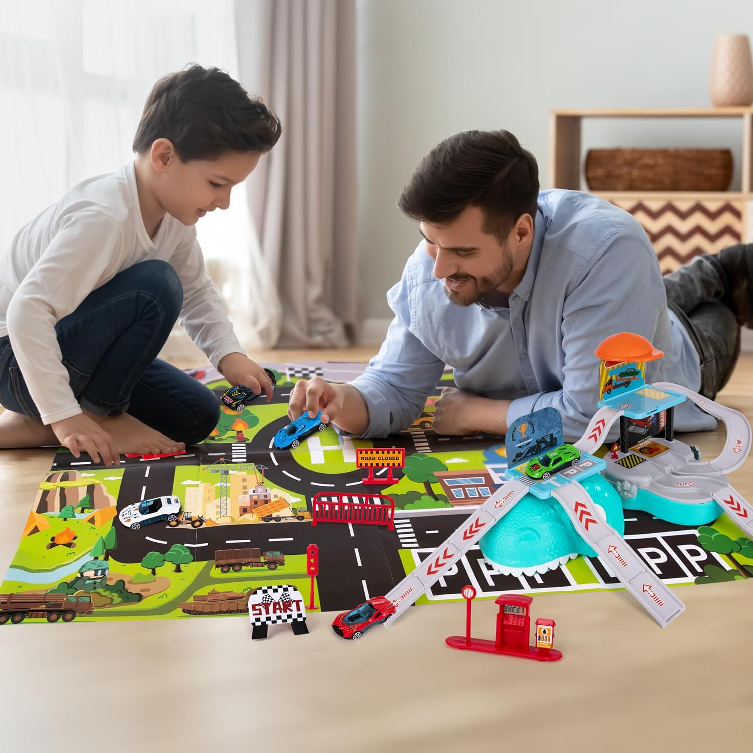 Dinosaur Race Track Set - 59 Piece Race Car Track - Includes Portable Toy Car Storage Organizer, Kids’ Play Mat, 6 Diecast Metal Cars, Traffic Signs, and More