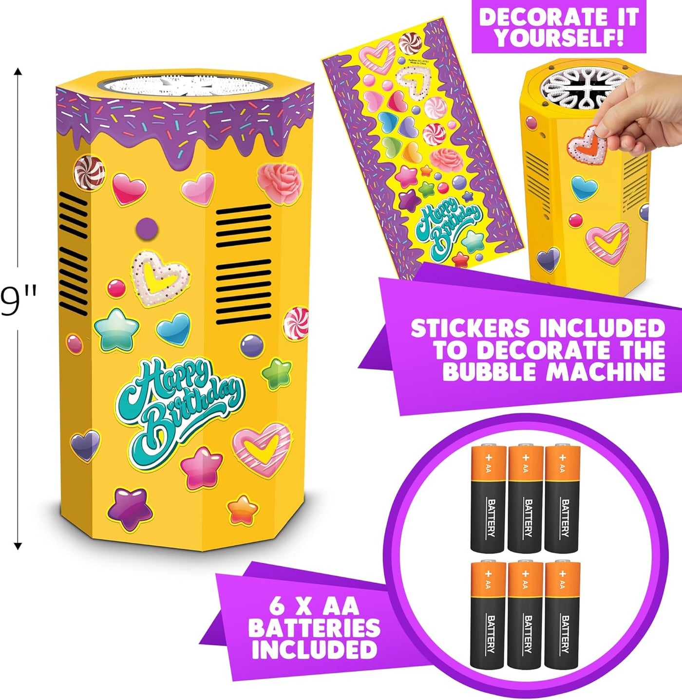 Happy Birthday Bubble Machine with Music - 9" Fake Birthday Cake Bubble Machine - Kids Bubble Blower Sings Happy Birthday - Firework Bubble Machine with LED's, Shower Bubbles, and Music