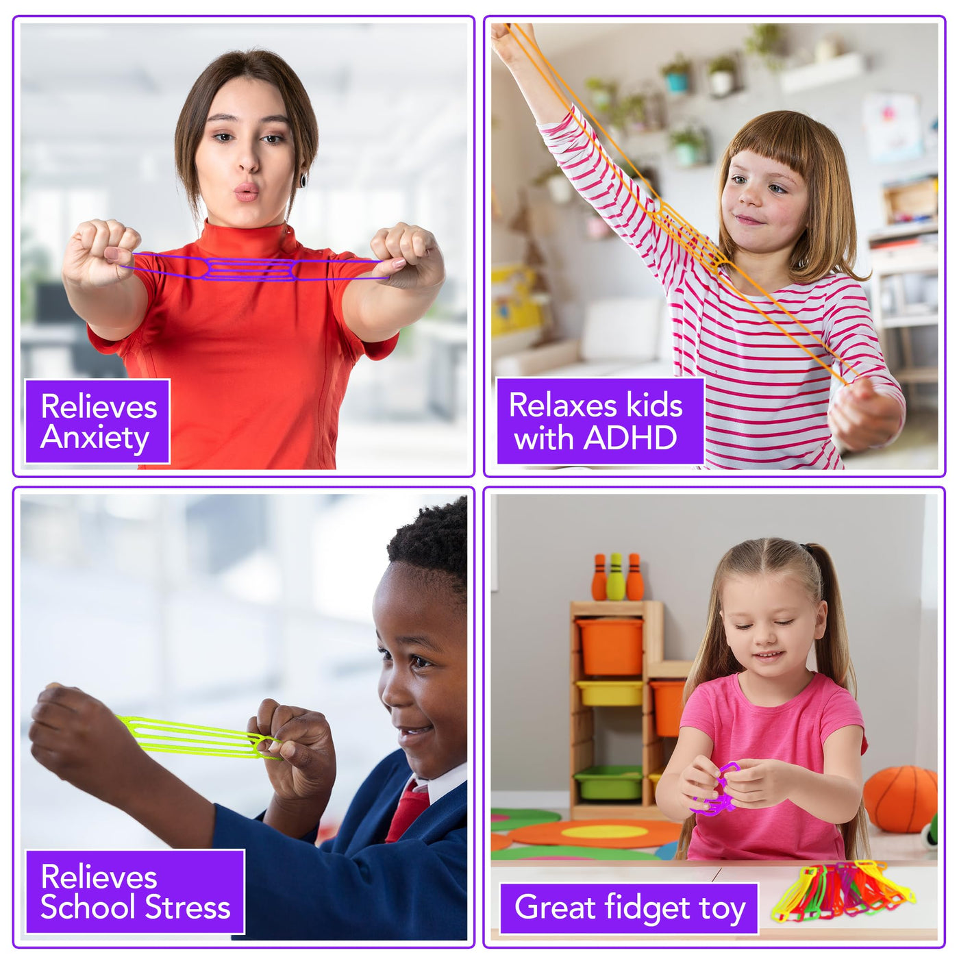 30 PK Stretchy String Sensory Toys - Stretchy Fidget Toys - Sensory Strings in Fun Exercise Band Designs - 6 Vibrant Colors