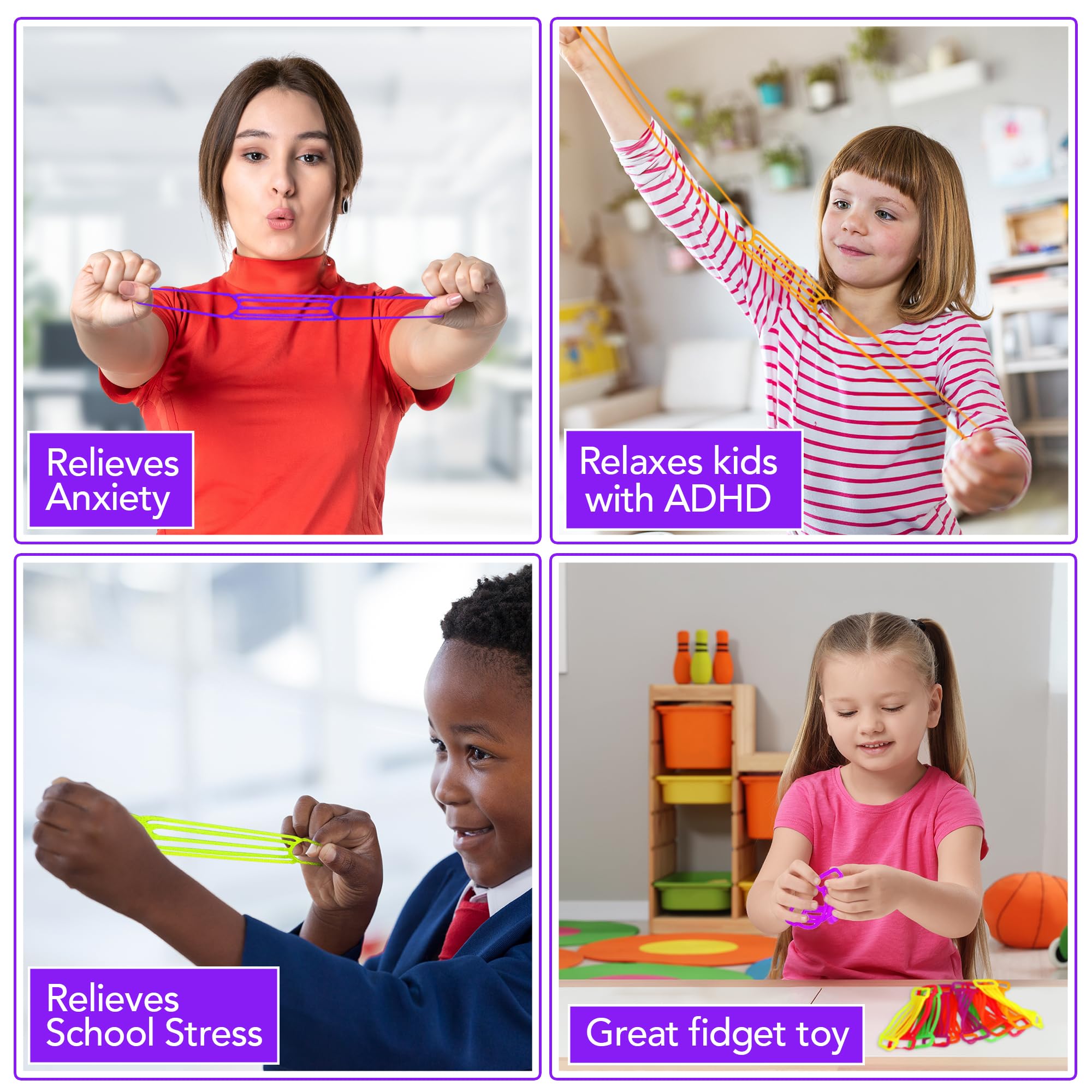 30 PK Stretchy String Sensory Toys - Stretchy Fidget Toys - Sensory Strings in Fun Exercise Band Designs - 6 Vibrant Colors