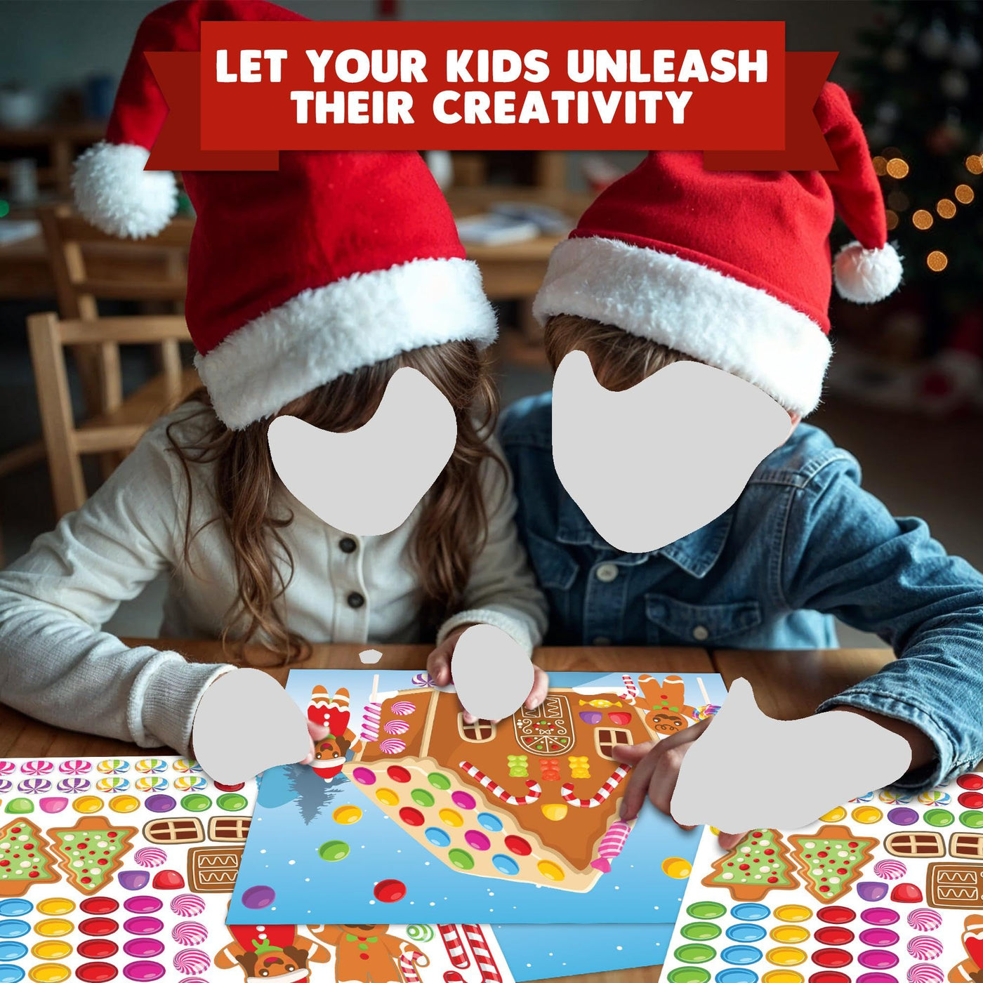 Gingerbread House Sticker Craft for Kids - Gingerbread House Sticker Scene with 13 Background Sheets and 13 Sticker Sheets