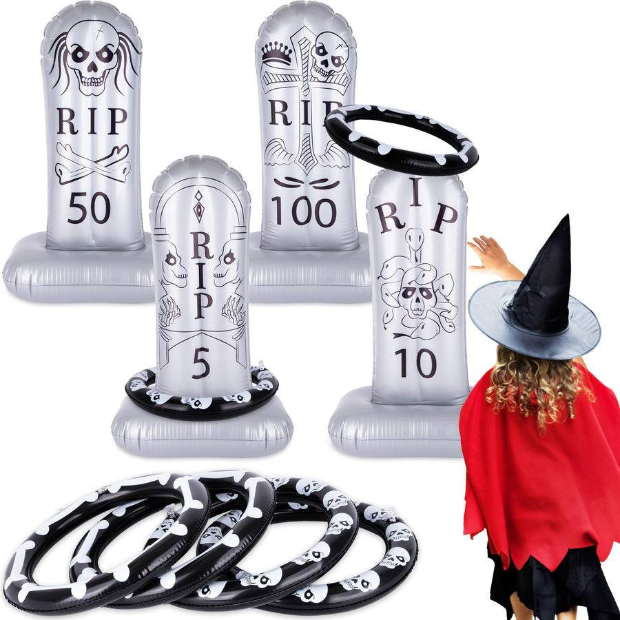 Tombstone Halloween Ring Toss - Set of 4 - Gravestone Ring Toss Halloween Game for Kids with Weighted Bottoms