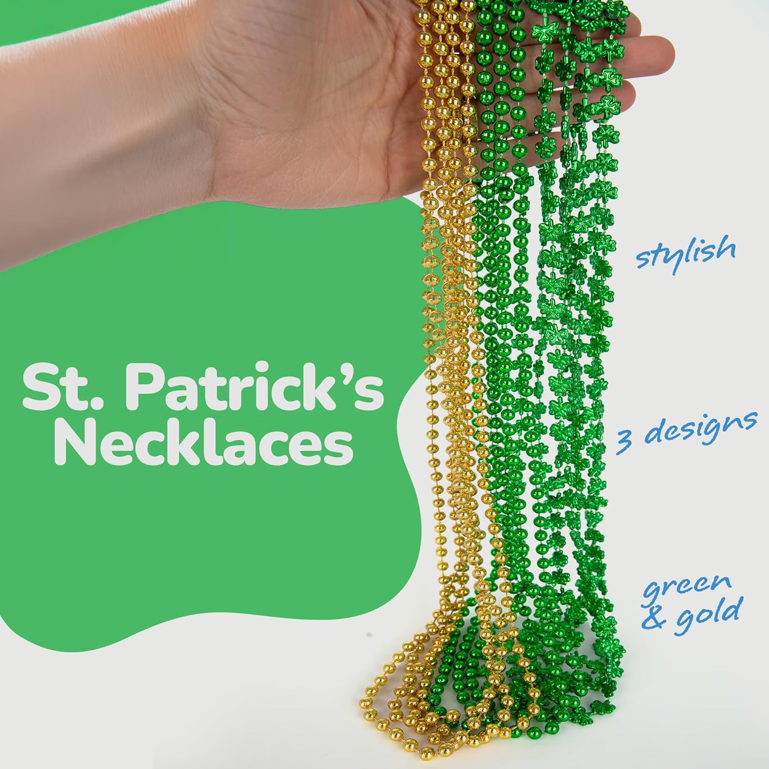 St Patrick’s Day Beads Necklaces - Set of 12 - St Patricks Day Accessories - Shamrock Green Day Beaded Necklace for Mardi Gras Decor, Irish Throw Costume Party