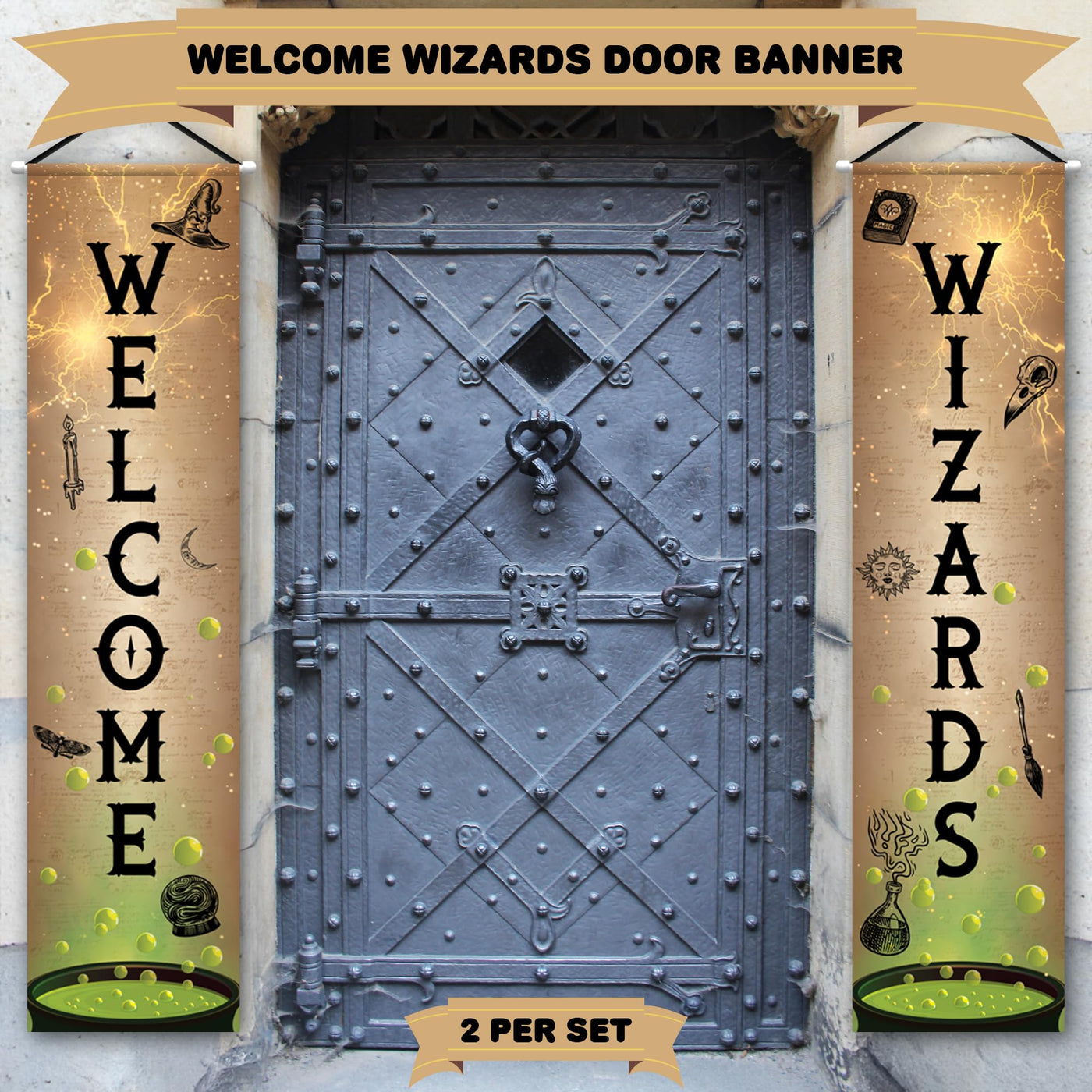 Welcome Wizards Door Banner - 2 Pieces - 4 Feet Long Wizard Banner - Polyester Magic Party Banners with Dowels and String for Easy Hanging